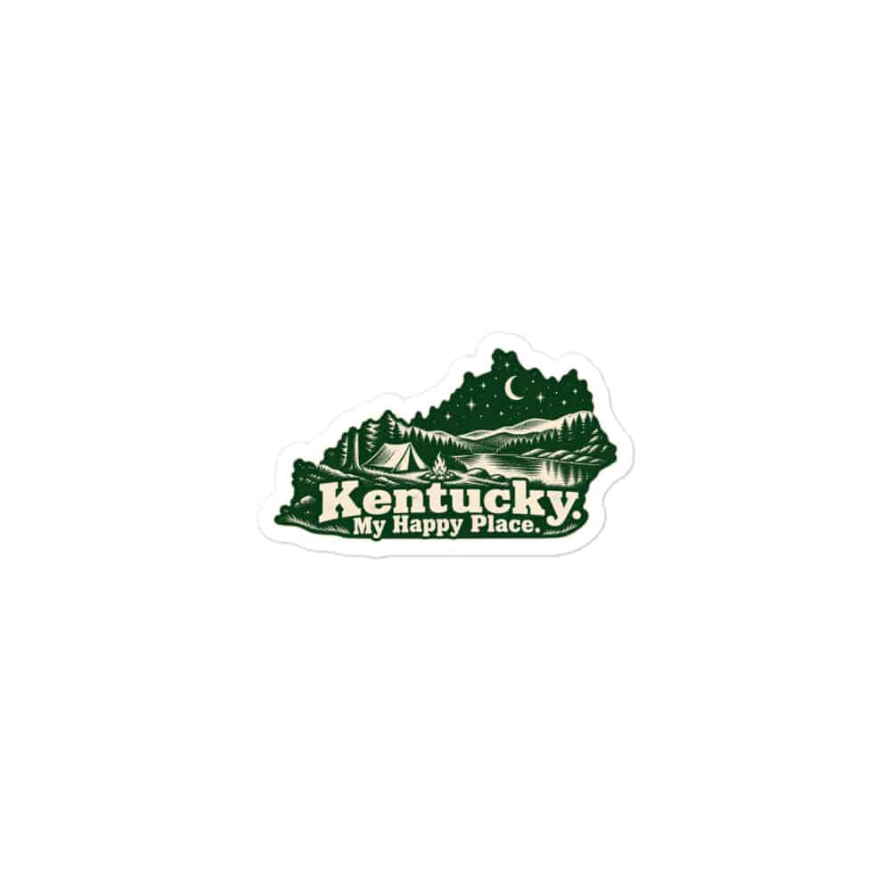 Kentucky Vinyl Sticker: Campsite beneath a starry sky, Woodcut Kentucky Silhouette