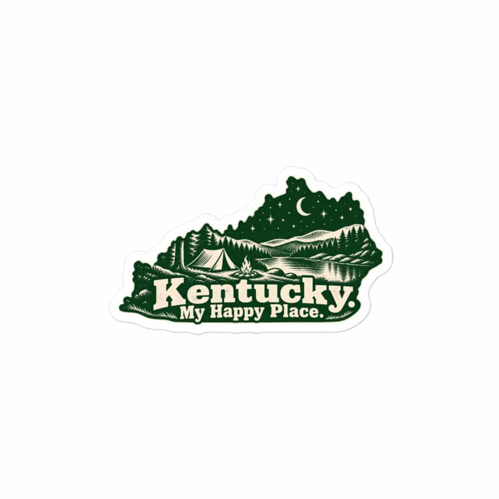Kentucky Vinyl Sticker: Campsite beneath a starry sky, Woodcut Kentucky Silhouette