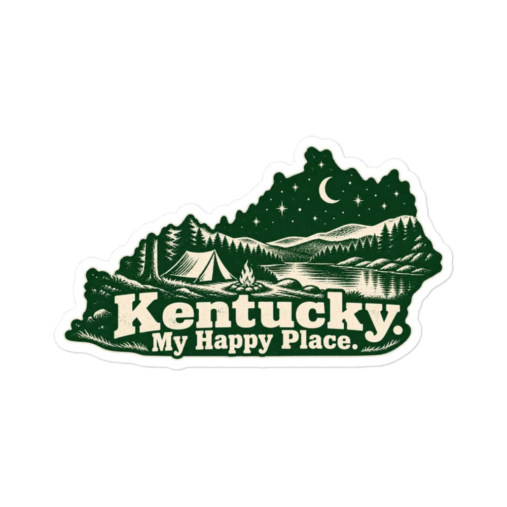 Kentucky Vinyl Sticker: Campsite beneath a starry sky, Woodcut Kentucky Silhouette