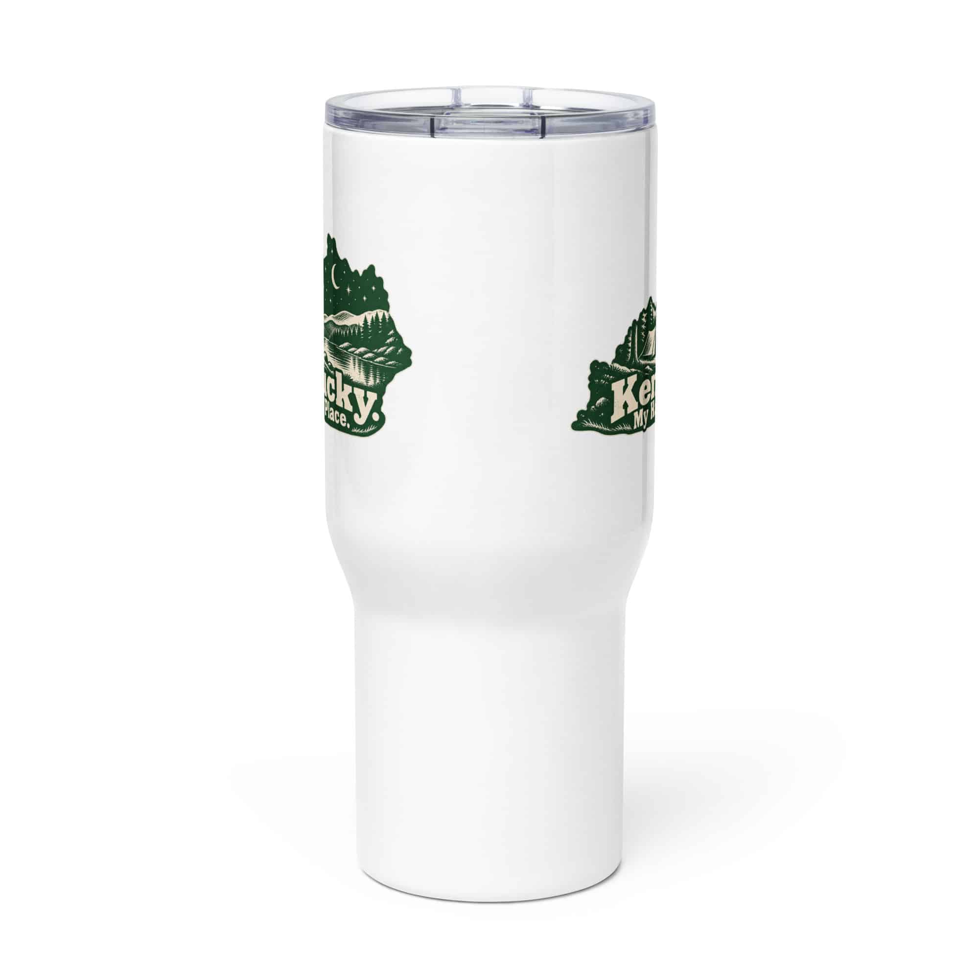 Kentucky Travel Mug: Campsite beneath a starry sky, Woodcut Kentucky Silhouette