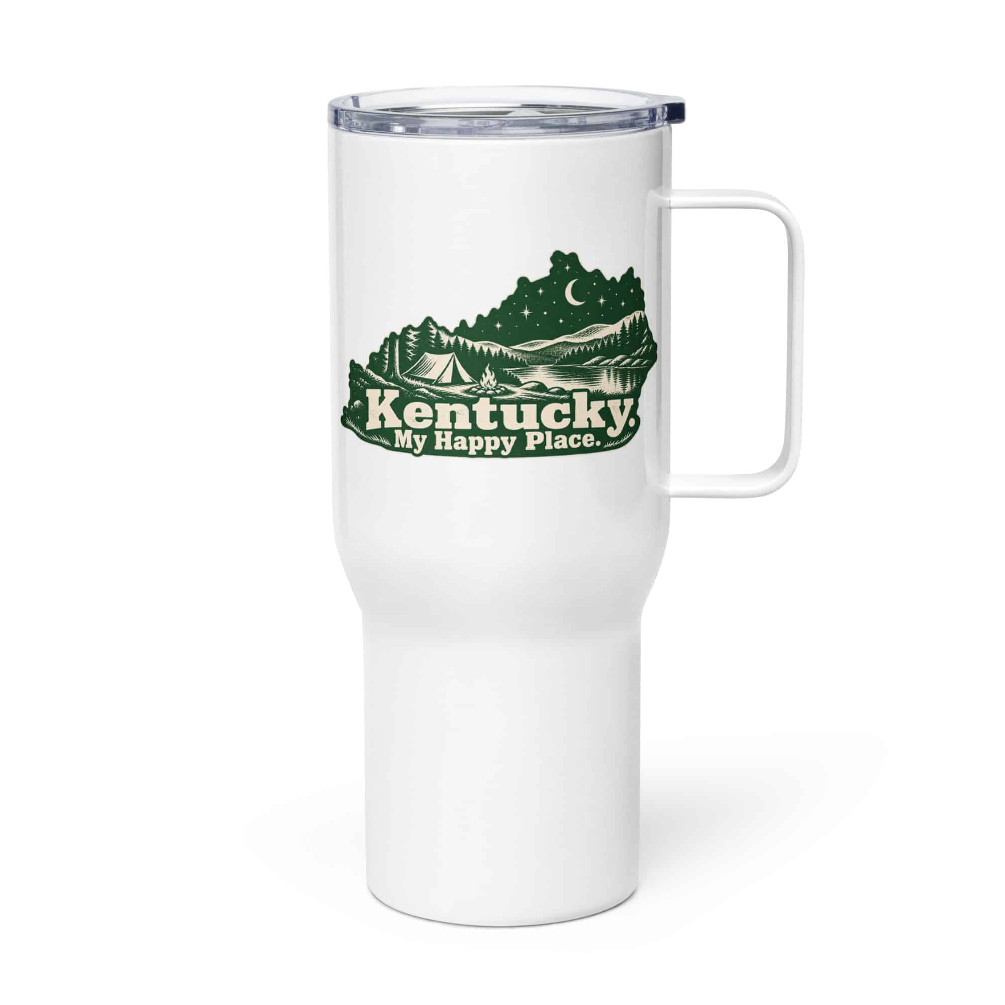 Kentucky Travel Mug: Campsite beneath a starry sky, Woodcut Kentucky Silhouette