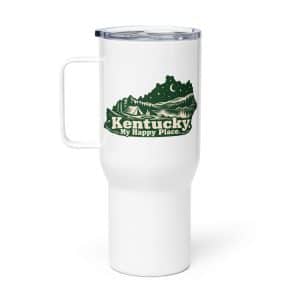 Kentucky Travel Mug: Campsite beneath a starry sky, Woodcut Kentucky Silhouette - 25 oz - Main