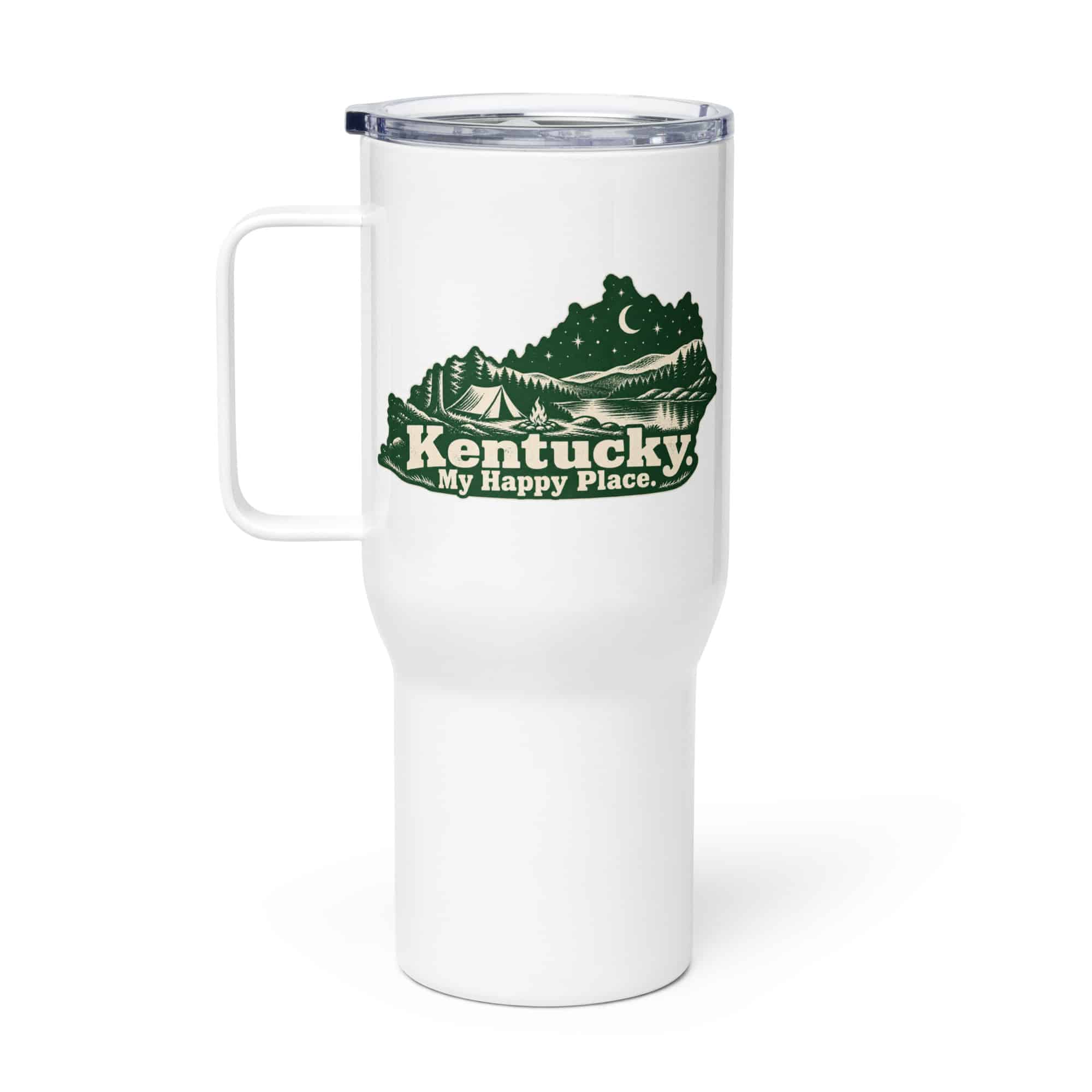 Kentucky Travel Mug: Campsite beneath a starry sky, Woodcut Kentucky Silhouette