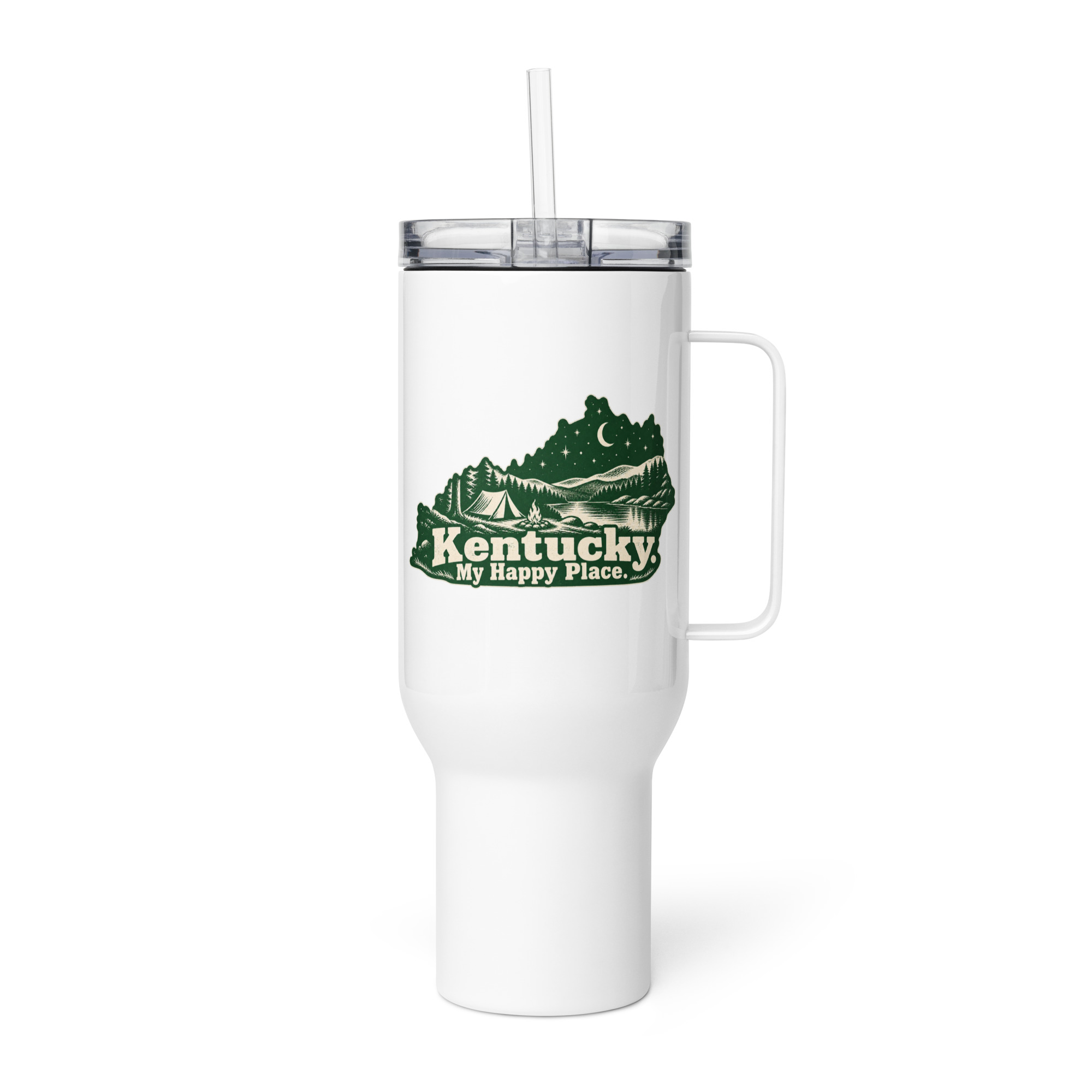 Kentucky Travel Mug: Campsite beneath a starry sky, Woodcut Kentucky Silhouette