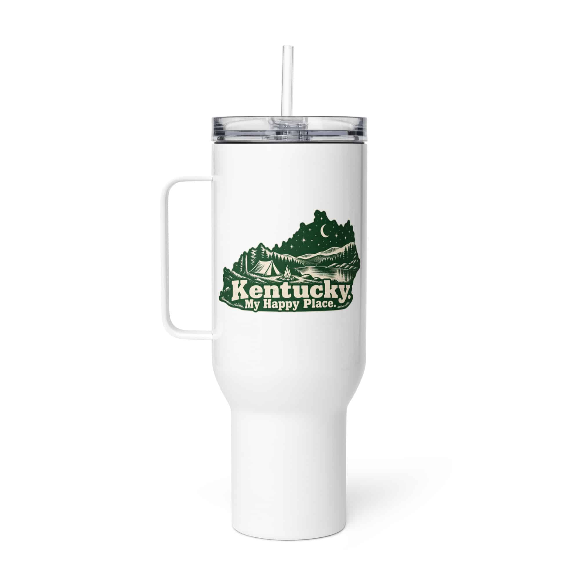 Kentucky Travel Mug: Campsite beneath a starry sky, Woodcut Kentucky Silhouette
