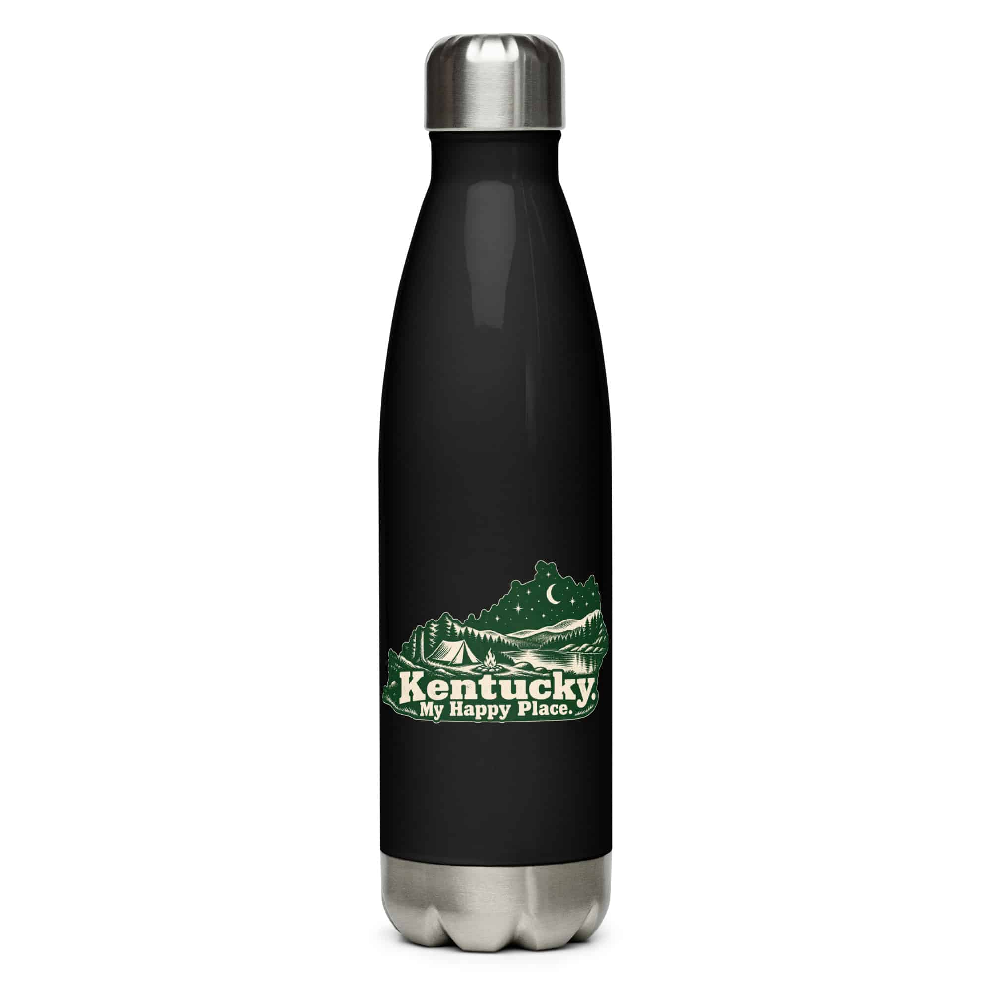 Kentucky Stainless Steel Water Bottle: Campsite beneath a starry sky, Woodcut Kentucky Silhouette