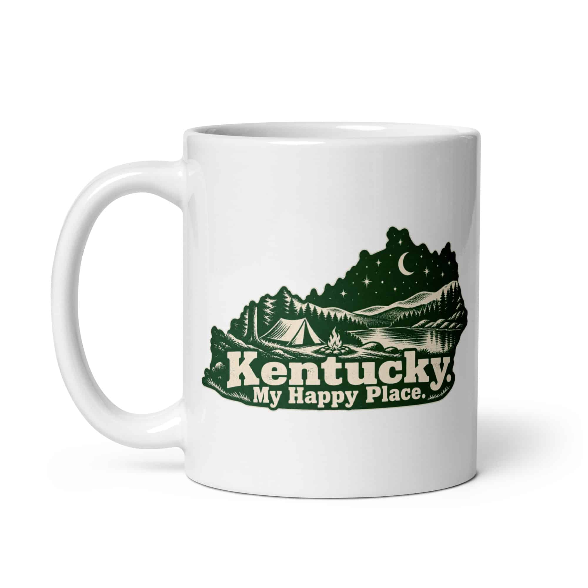 Kentucky White Ceramic Coffee Mug: Campsite beneath a starry sky, Woodcut Kentucky Silhouette