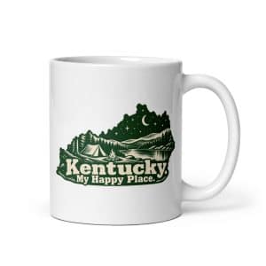 Kentucky White Ceramic Coffee Mug: Campsite beneath a starry sky, Woodcut Kentucky Silhouette - 11 oz - Main