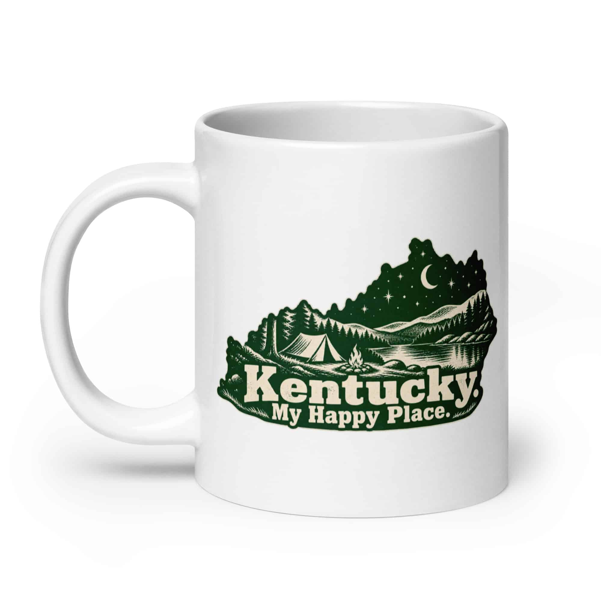 Kentucky White Ceramic Coffee Mug: Campsite beneath a starry sky, Woodcut Kentucky Silhouette