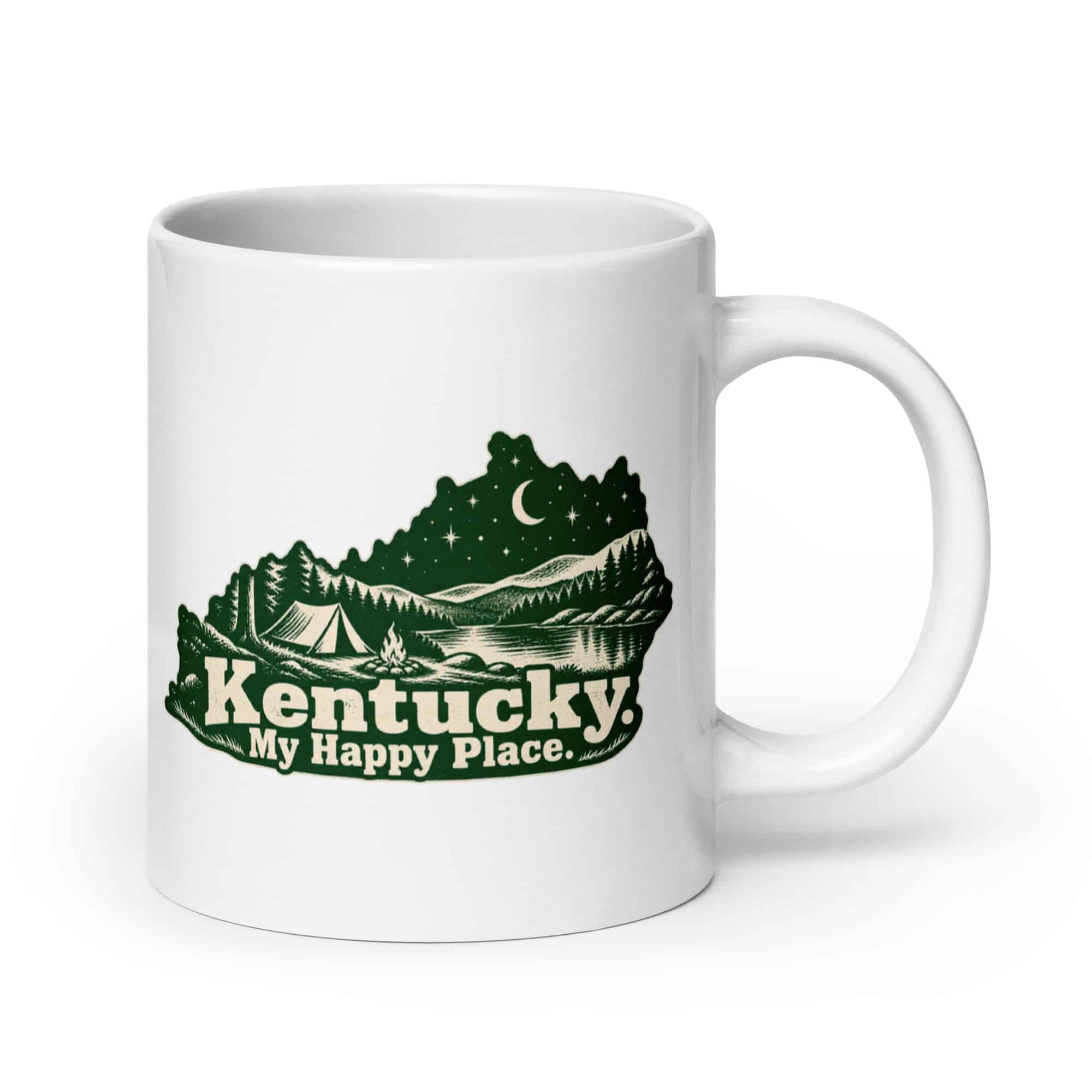 Kentucky White Ceramic Coffee Mug: Campsite beneath a starry sky, Woodcut Kentucky Silhouette
