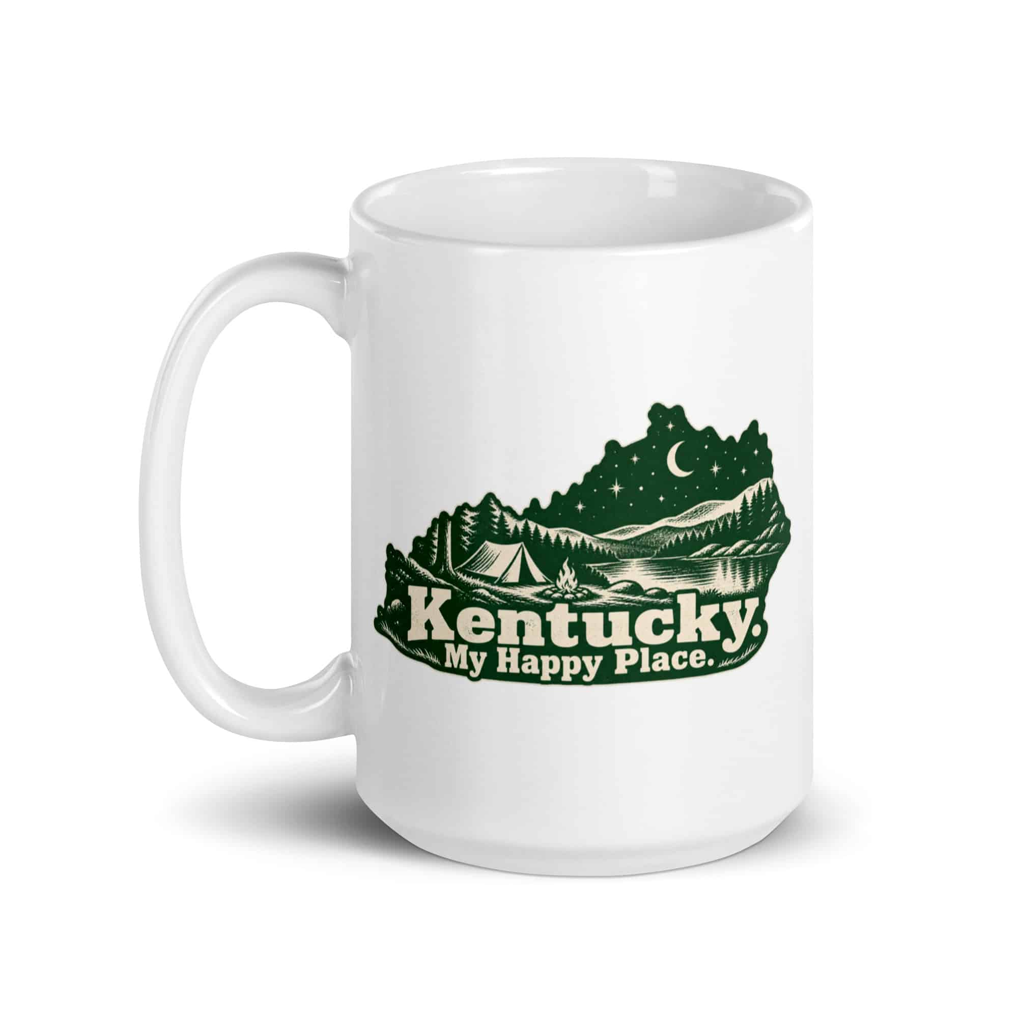 Kentucky White Ceramic Coffee Mug: Campsite beneath a starry sky, Woodcut Kentucky Silhouette