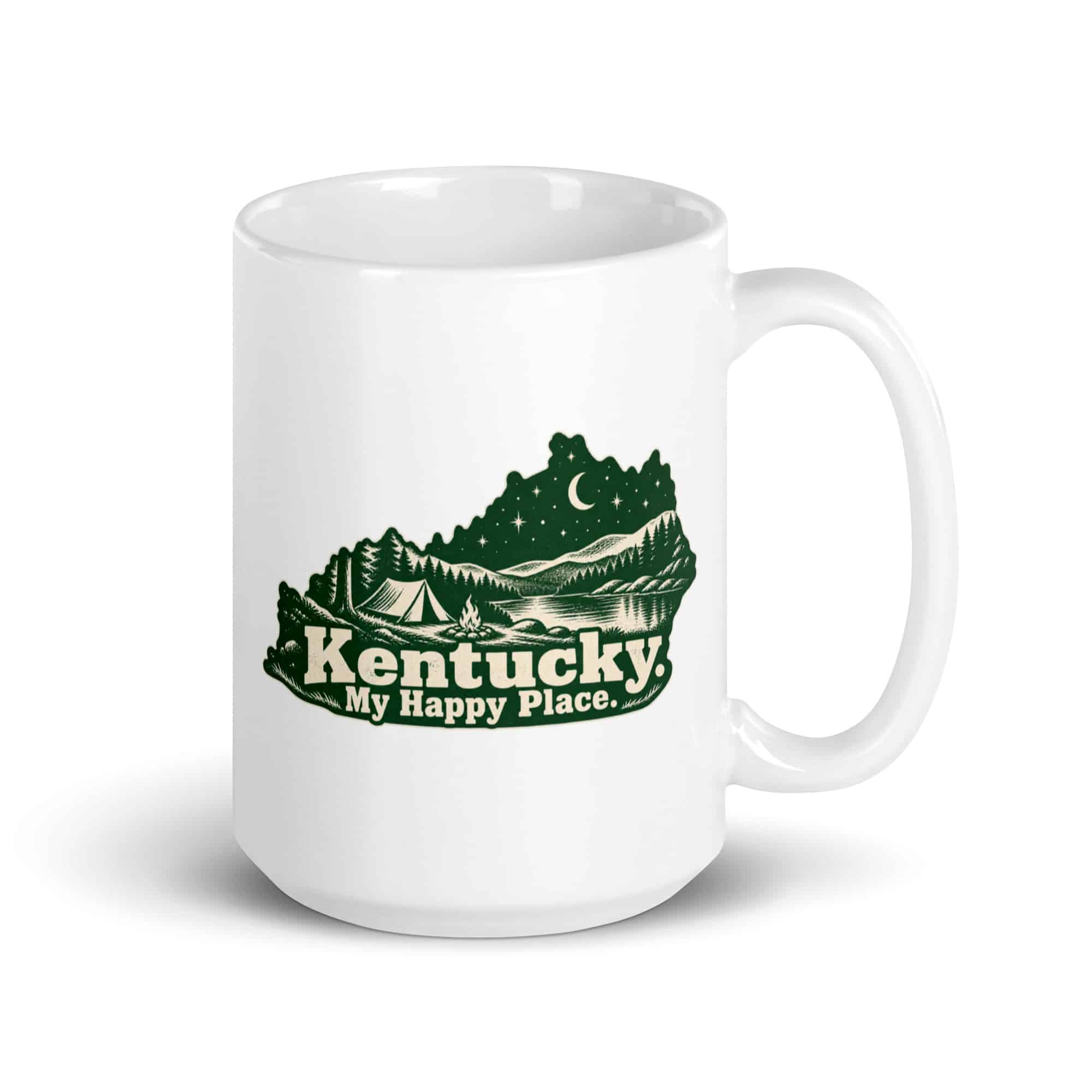 Kentucky White Ceramic Coffee Mug: Campsite beneath a starry sky, Woodcut Kentucky Silhouette
