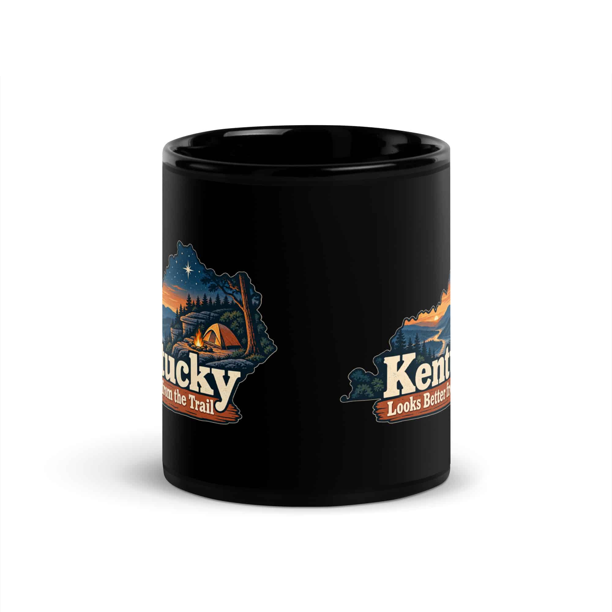 Kentucky Black Coffee Mug: Campsite beneath a starry sky, Colorful Kentucky Silhouette