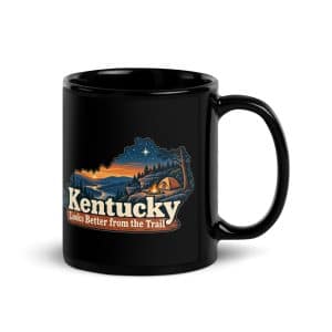 Kentucky Black Coffee Mug: Campsite beneath a starry sky, Colorful Kentucky Silhouette - 11 oz - Handle on Right
