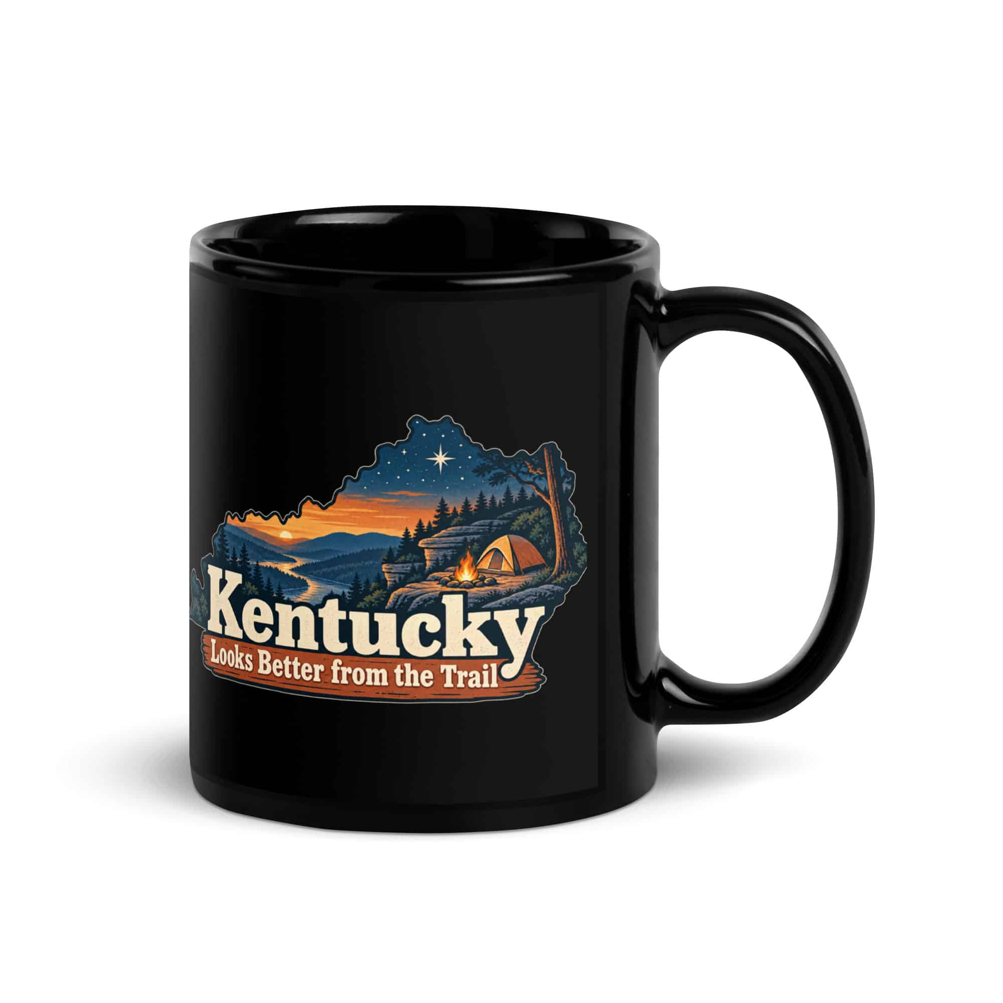Kentucky Black Coffee Mug: Campsite beneath a starry sky, Colorful Kentucky Silhouette