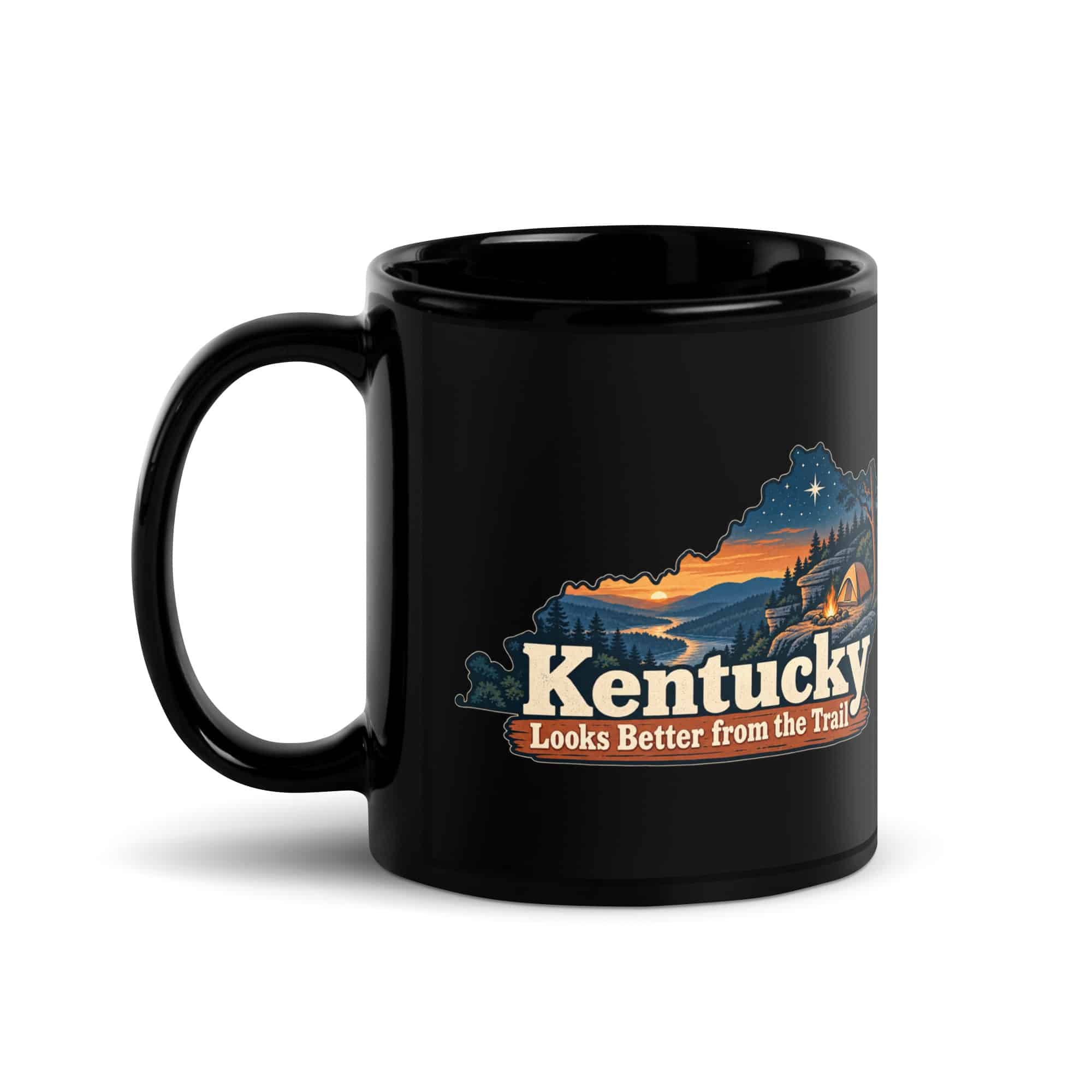 Kentucky Black Coffee Mug: Campsite beneath a starry sky, Colorful Kentucky Silhouette