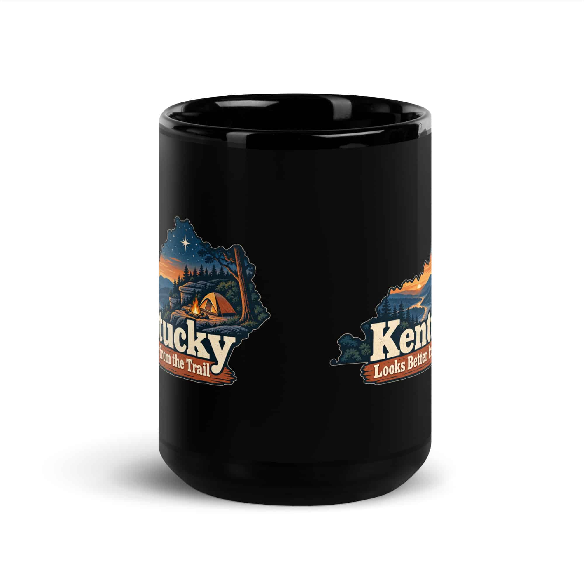 Kentucky Black Coffee Mug: Campsite beneath a starry sky, Colorful Kentucky Silhouette