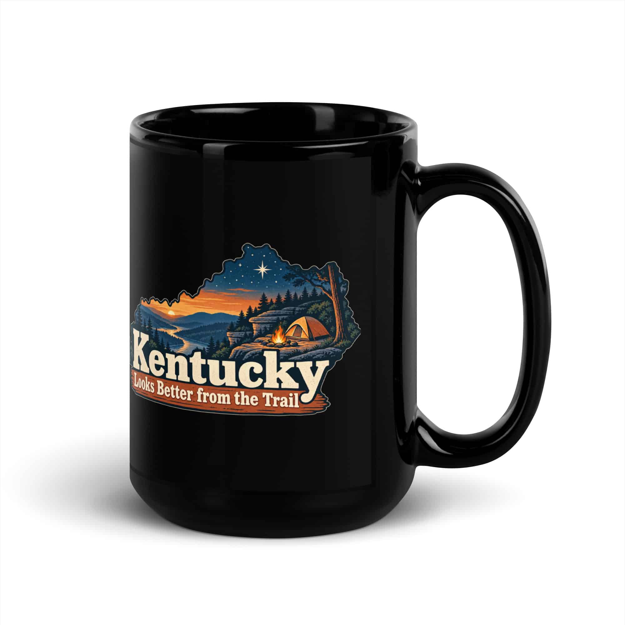 Kentucky Black Coffee Mug: Campsite beneath a starry sky, Colorful Kentucky Silhouette