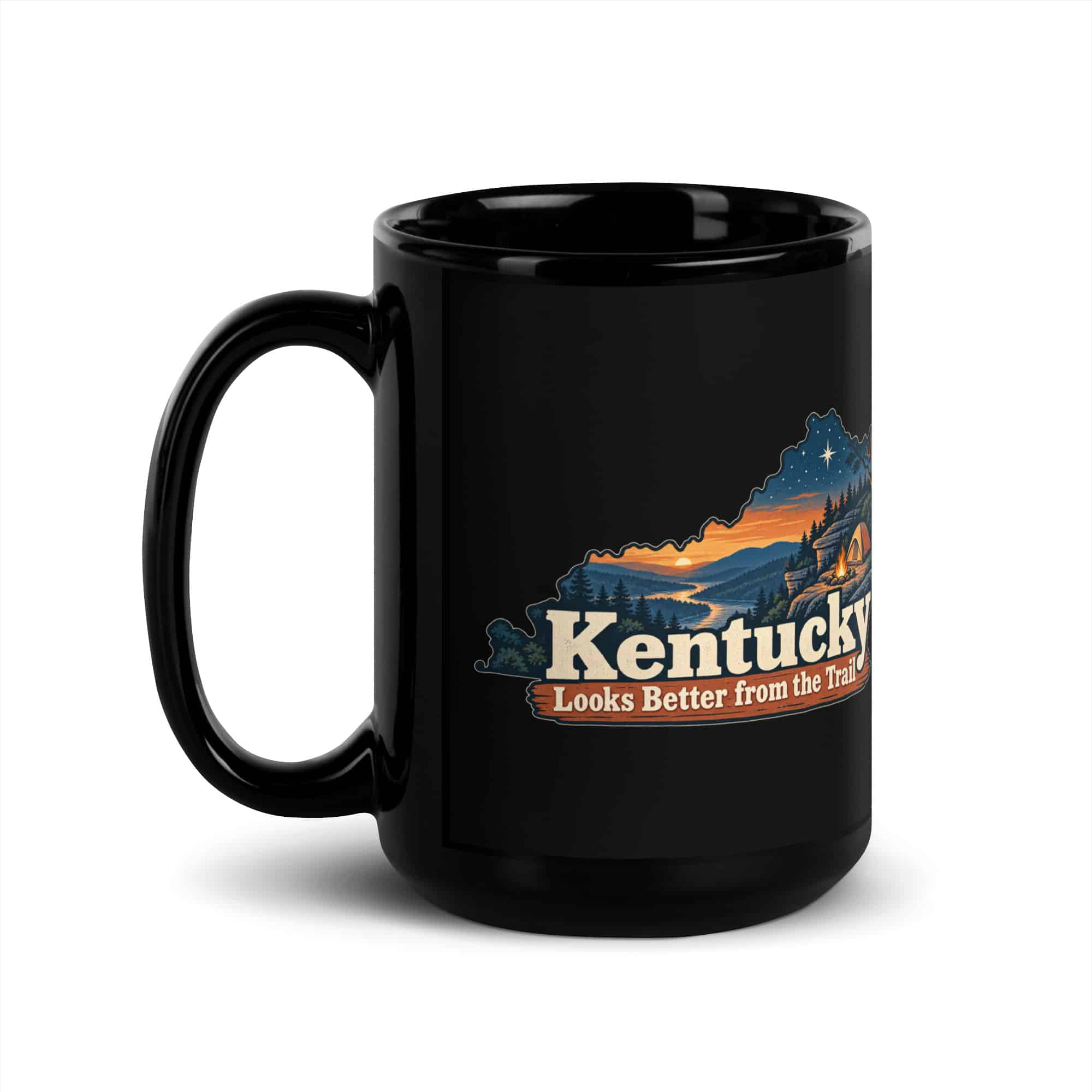 Kentucky Black Coffee Mug: Campsite beneath a starry sky, Colorful Kentucky Silhouette