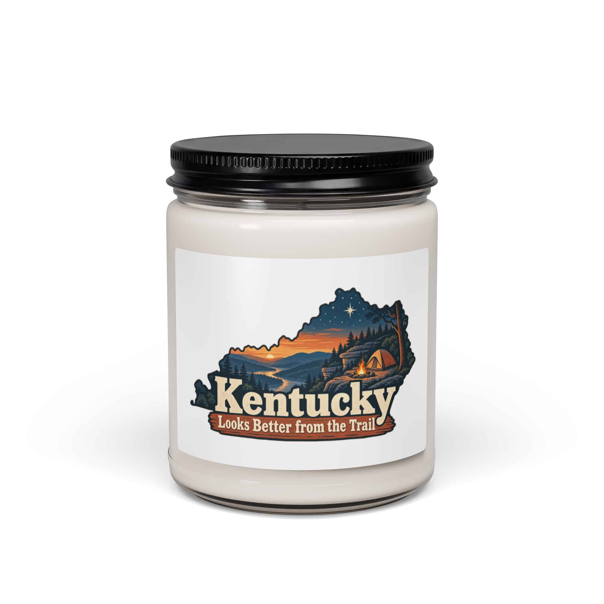 Kentucky Soy Wax Candle: Campsite beneath a starry sky, Colorful Kentucky Silhouette