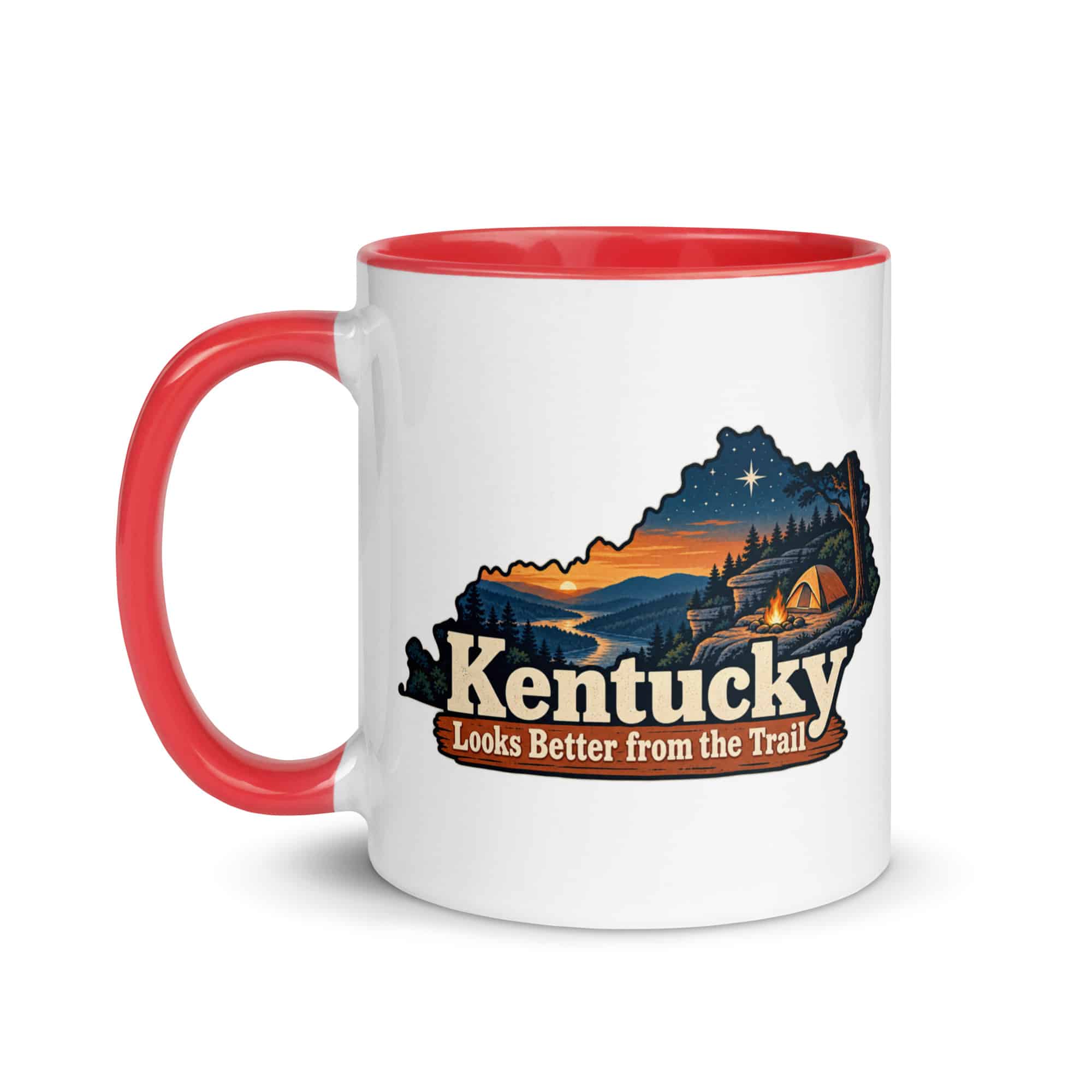 Kentucky Color Inside Coffee Mug: Campsite beneath a starry sky, Colorful Kentucky Silhouette