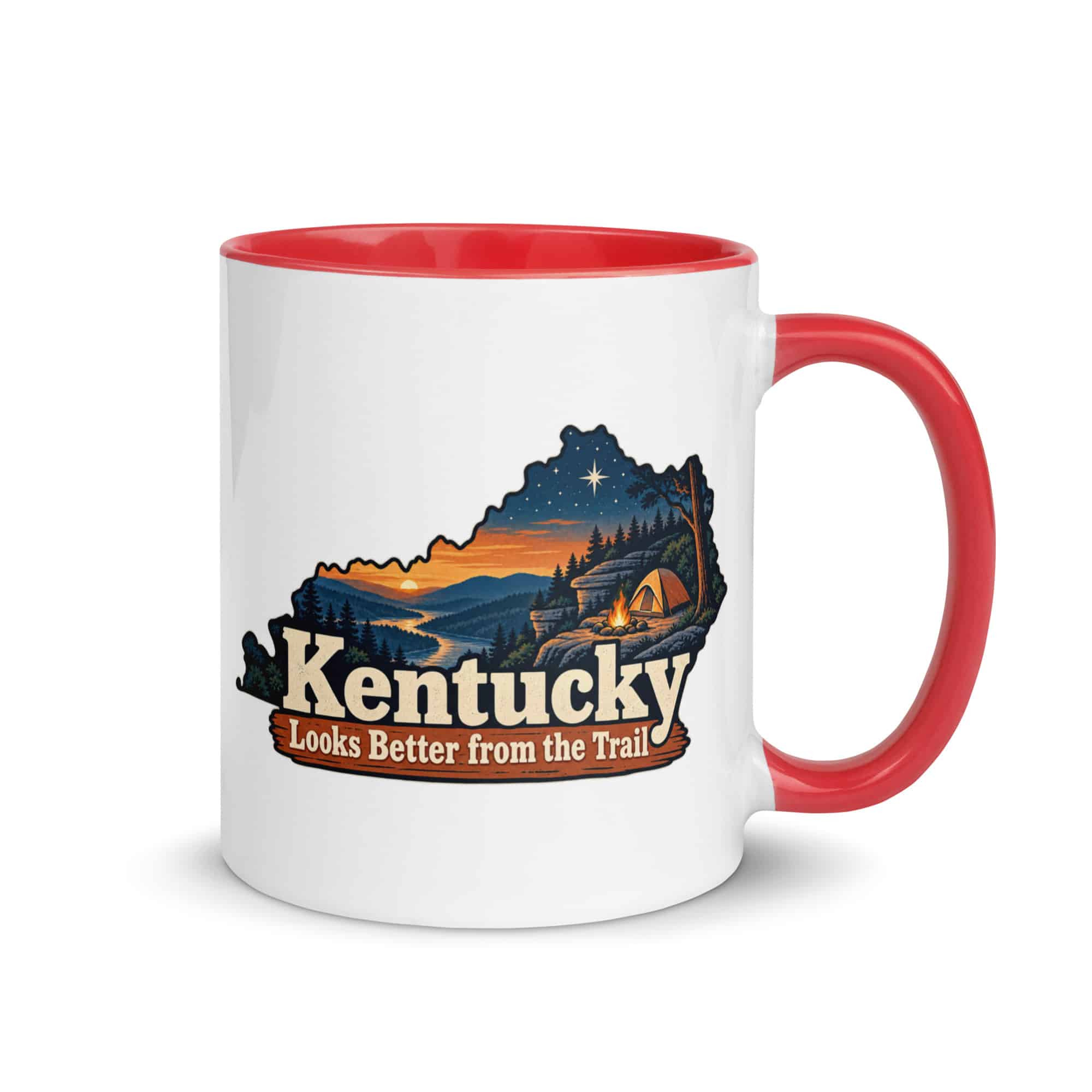 Kentucky Color Inside Coffee Mug: Campsite beneath a starry sky, Colorful Kentucky Silhouette