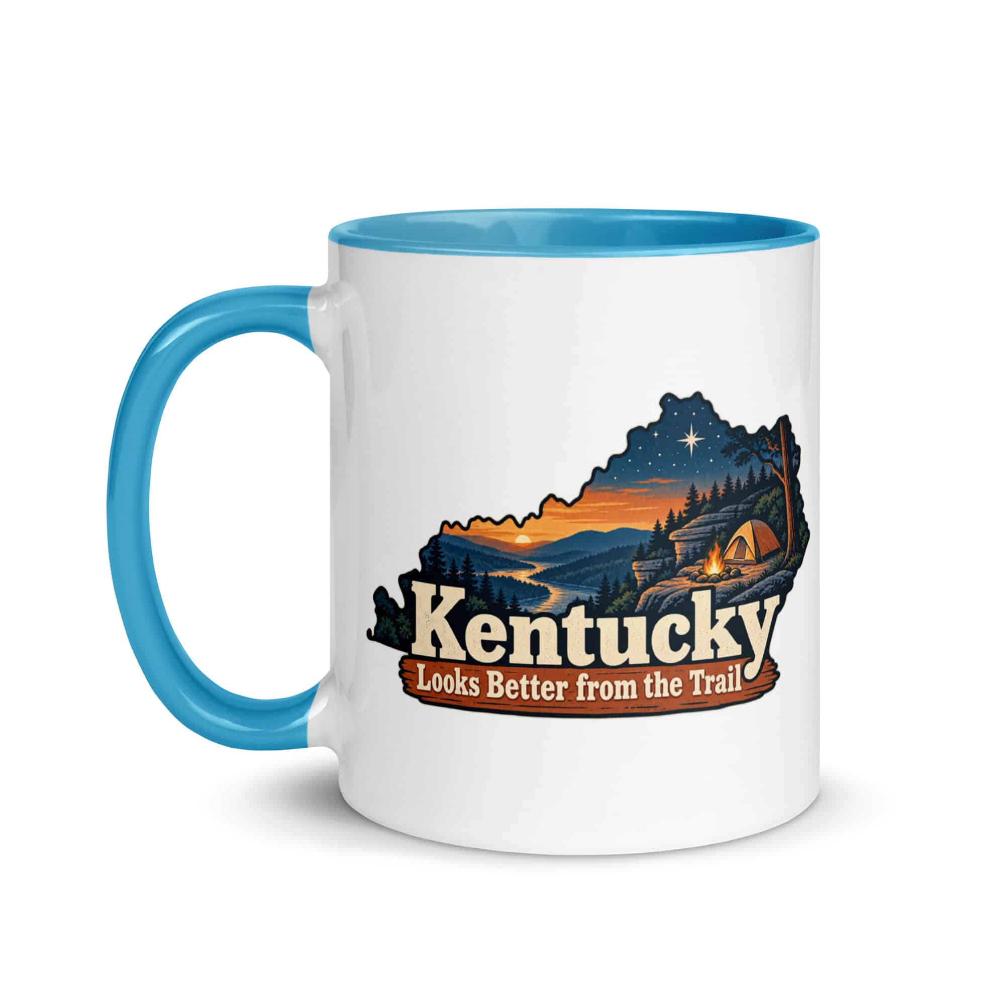 Kentucky Color Inside Coffee Mug: Campsite beneath a starry sky, Colorful Kentucky Silhouette