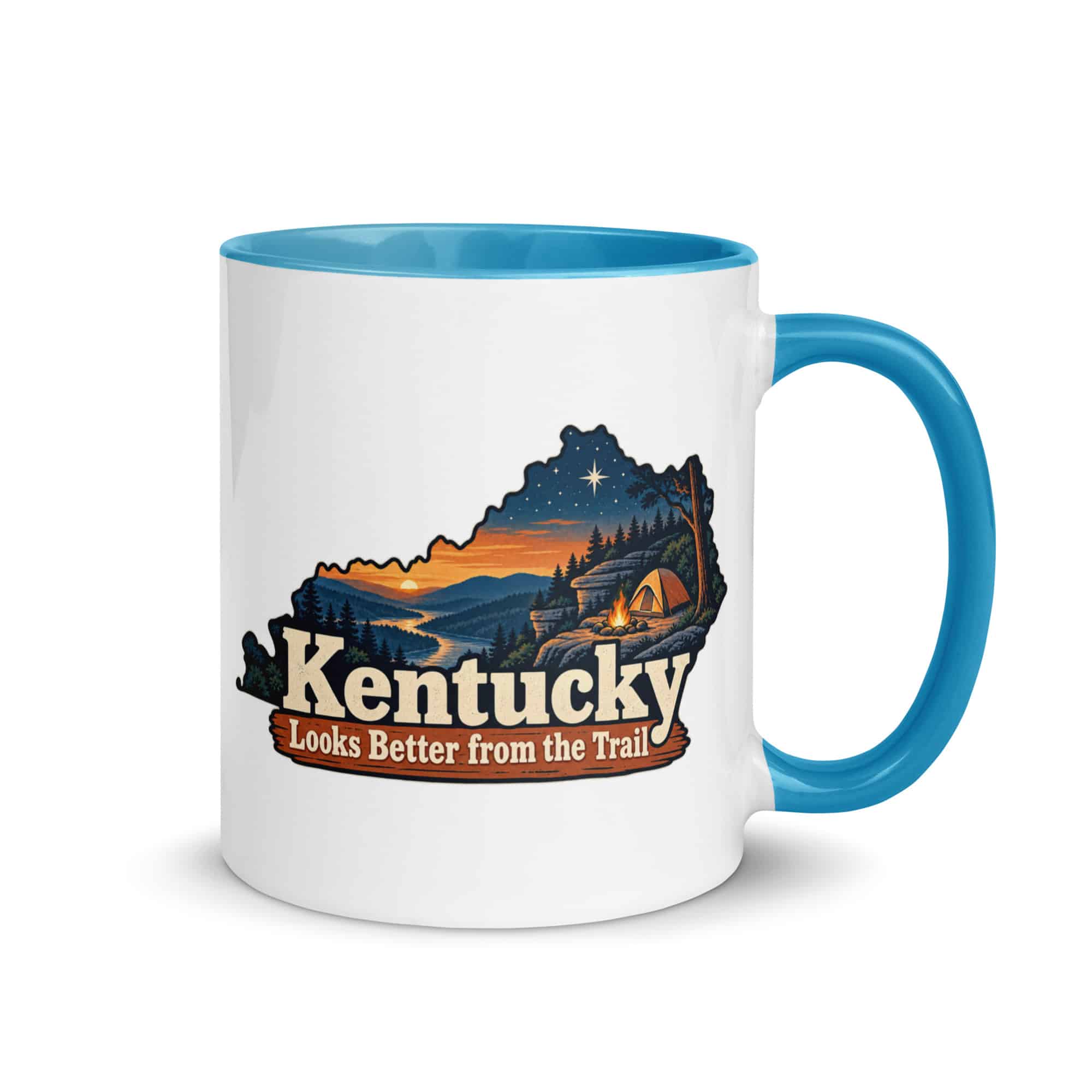 Kentucky Color Inside Coffee Mug: Campsite beneath a starry sky, Colorful Kentucky Silhouette