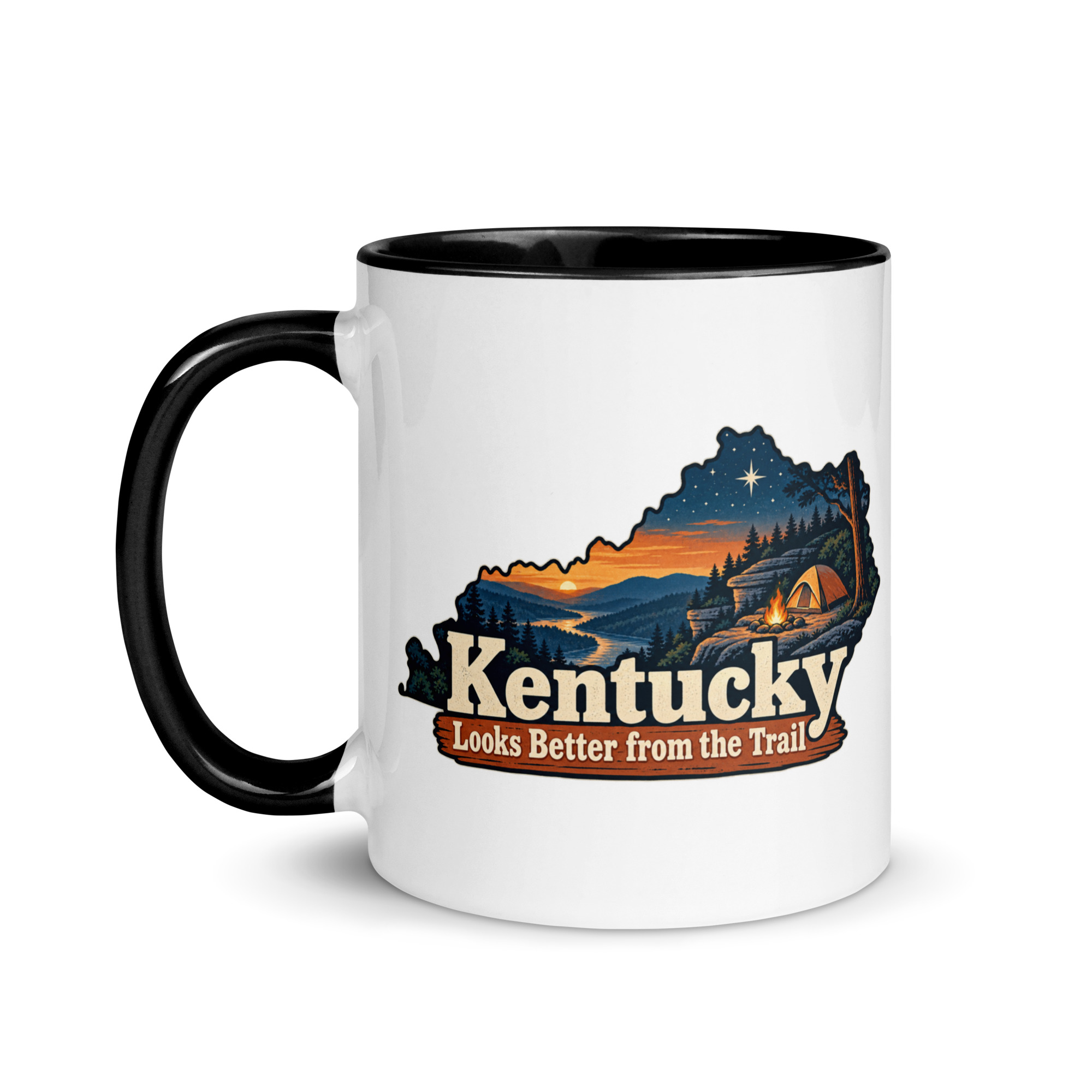 Kentucky Color Inside Coffee Mug: Campsite beneath a starry sky, Colorful Kentucky Silhouette