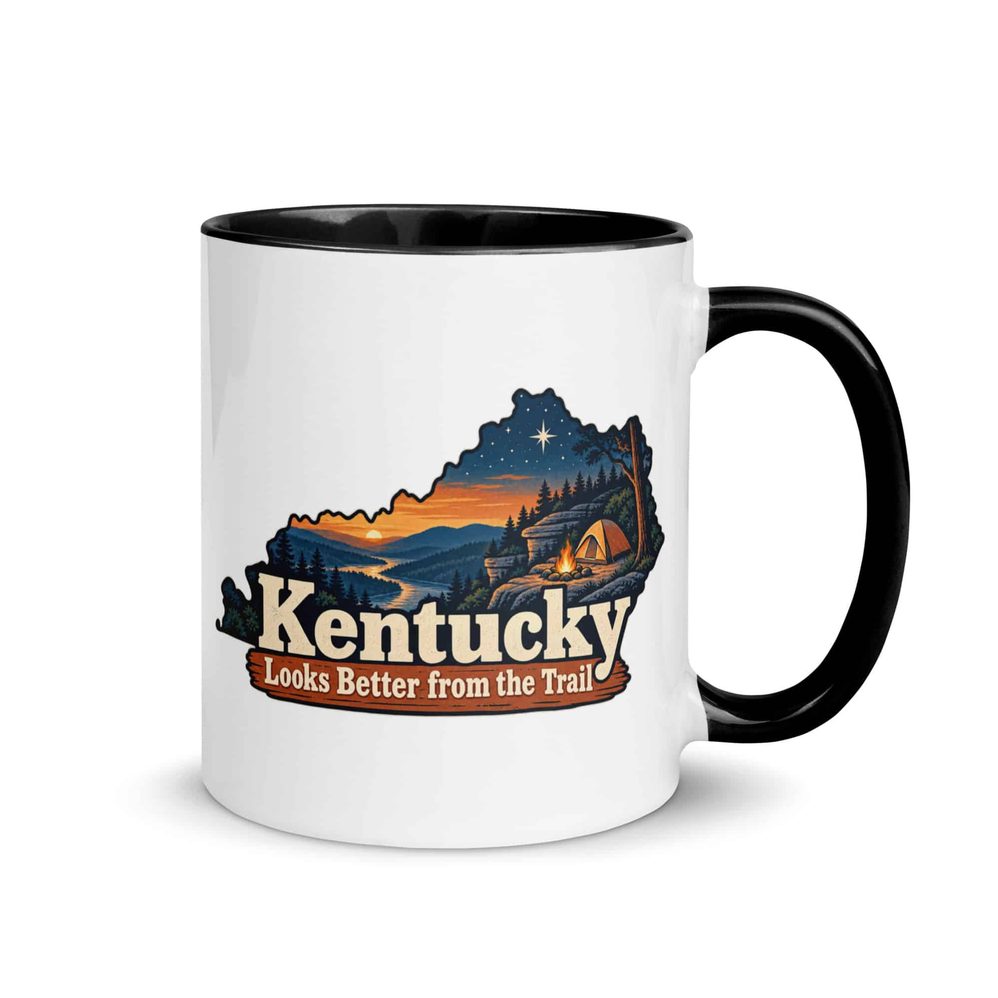 Kentucky Color Inside Coffee Mug: Campsite beneath a starry sky, Colorful Kentucky Silhouette
