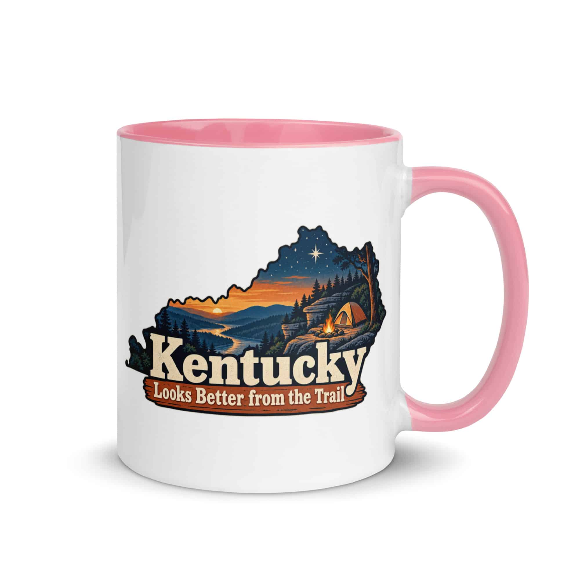 Kentucky Color Inside Coffee Mug: Campsite beneath a starry sky, Colorful Kentucky Silhouette