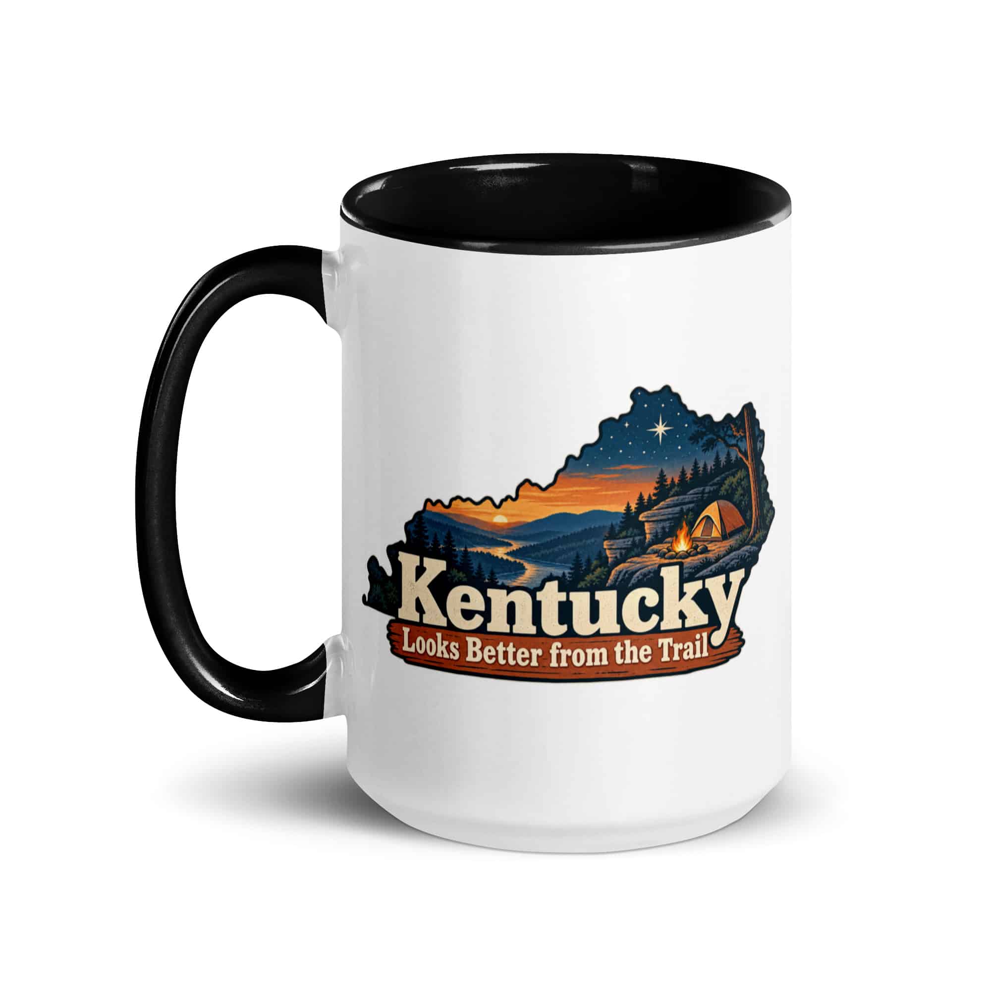 Kentucky Color Inside Coffee Mug: Campsite beneath a starry sky, Colorful Kentucky Silhouette