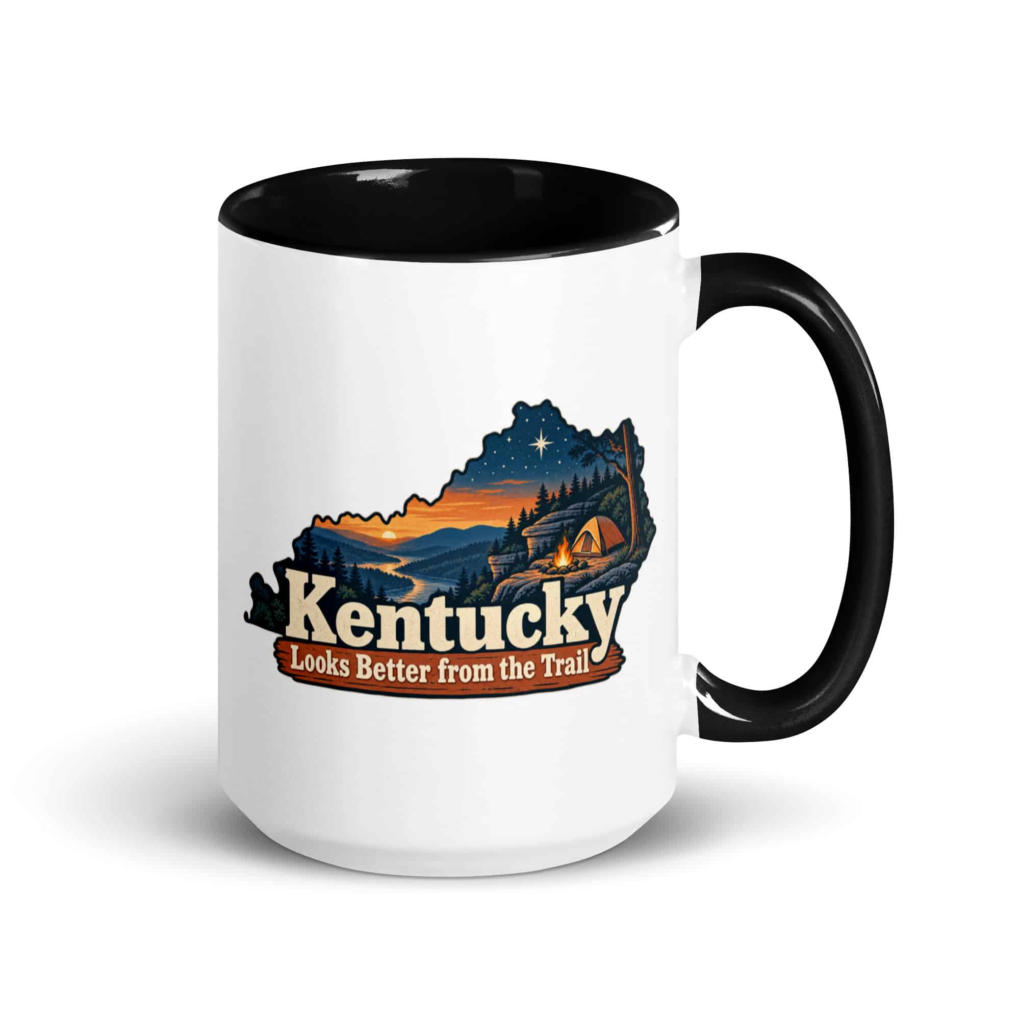 Kentucky Color Inside Coffee Mug: Campsite beneath a starry sky, Colorful Kentucky Silhouette
