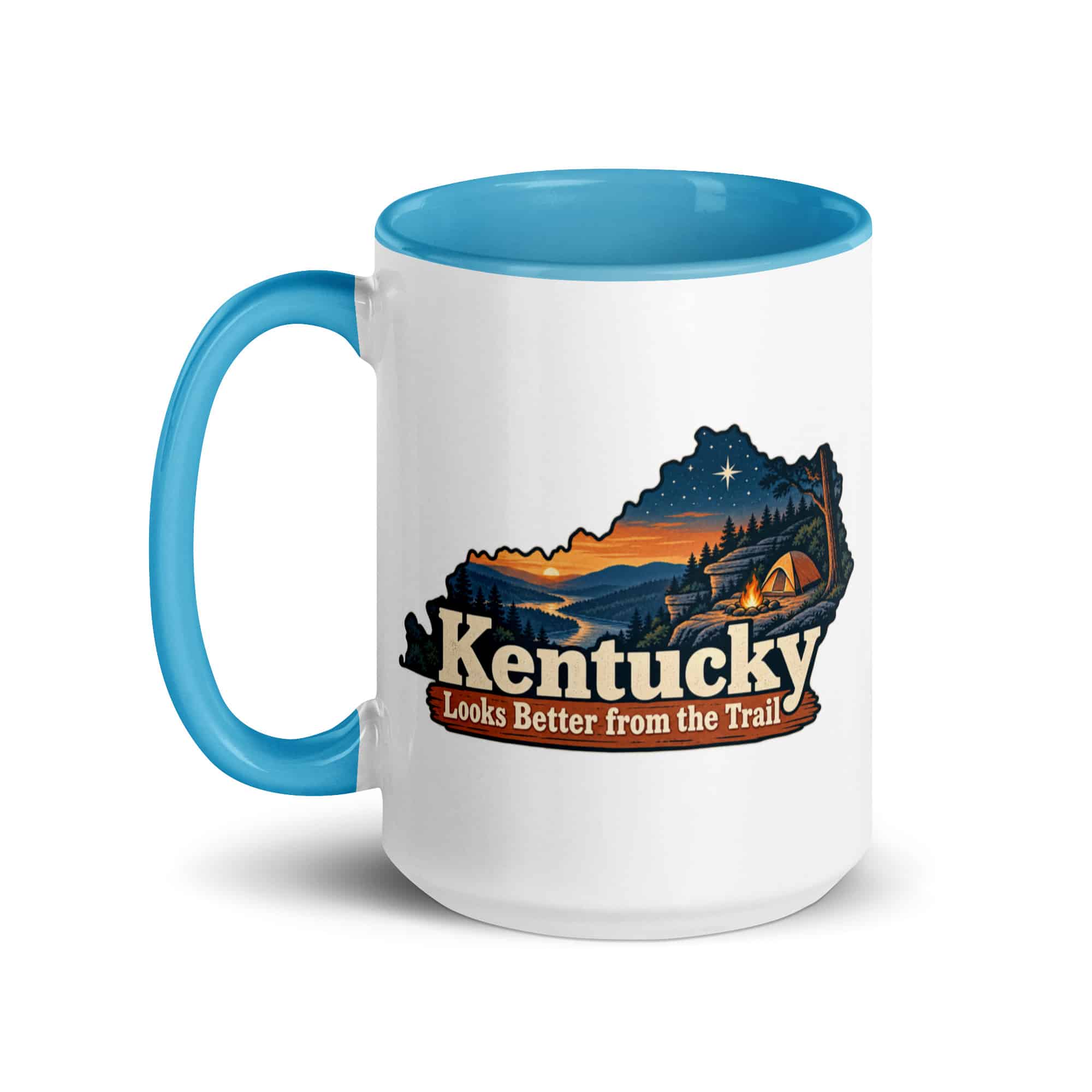 Kentucky Color Inside Coffee Mug: Campsite beneath a starry sky, Colorful Kentucky Silhouette