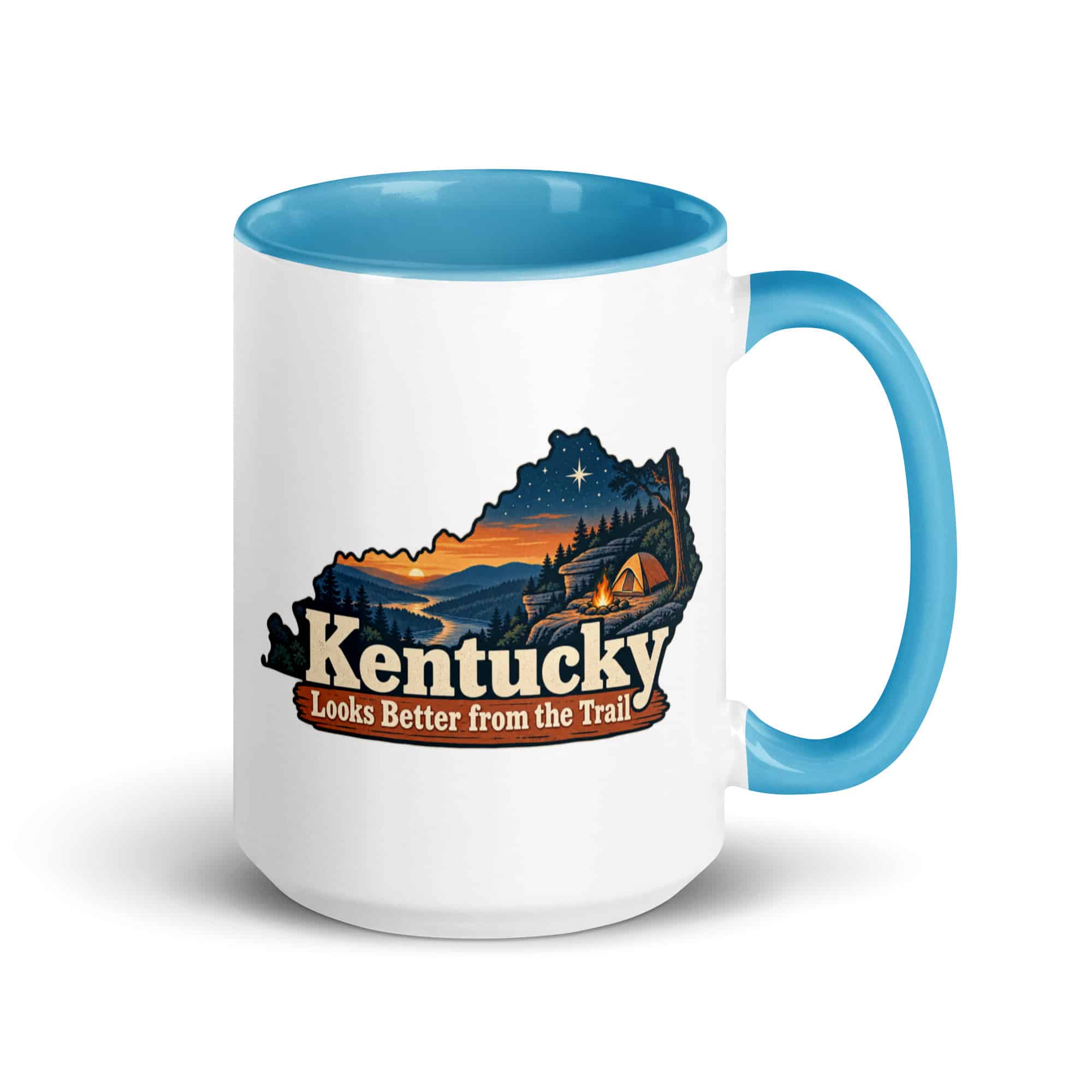Kentucky Color Inside Coffee Mug: Campsite beneath a starry sky, Colorful Kentucky Silhouette