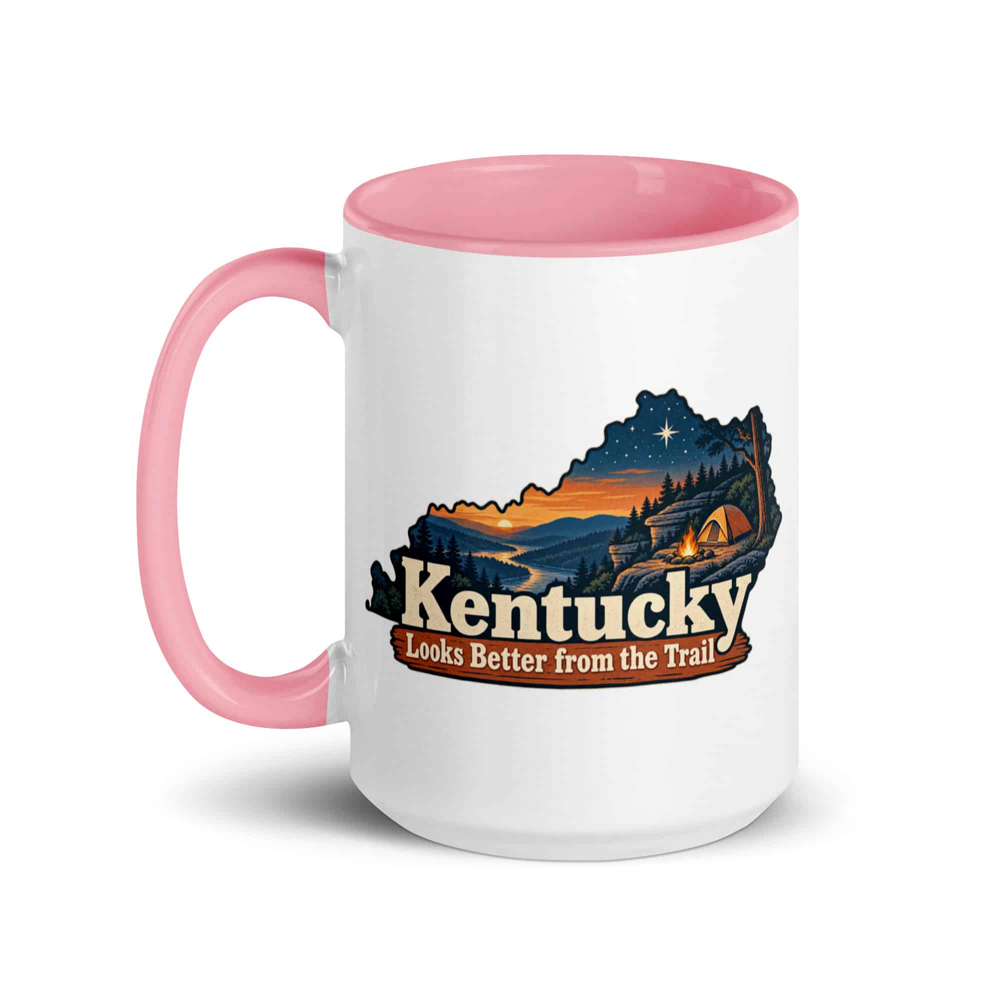 Kentucky Color Inside Coffee Mug: Campsite beneath a starry sky, Colorful Kentucky Silhouette