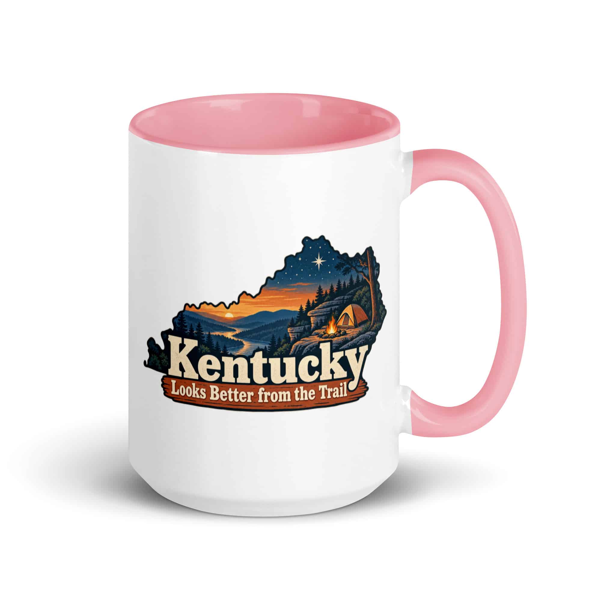 Kentucky Color Inside Coffee Mug: Campsite beneath a starry sky, Colorful Kentucky Silhouette