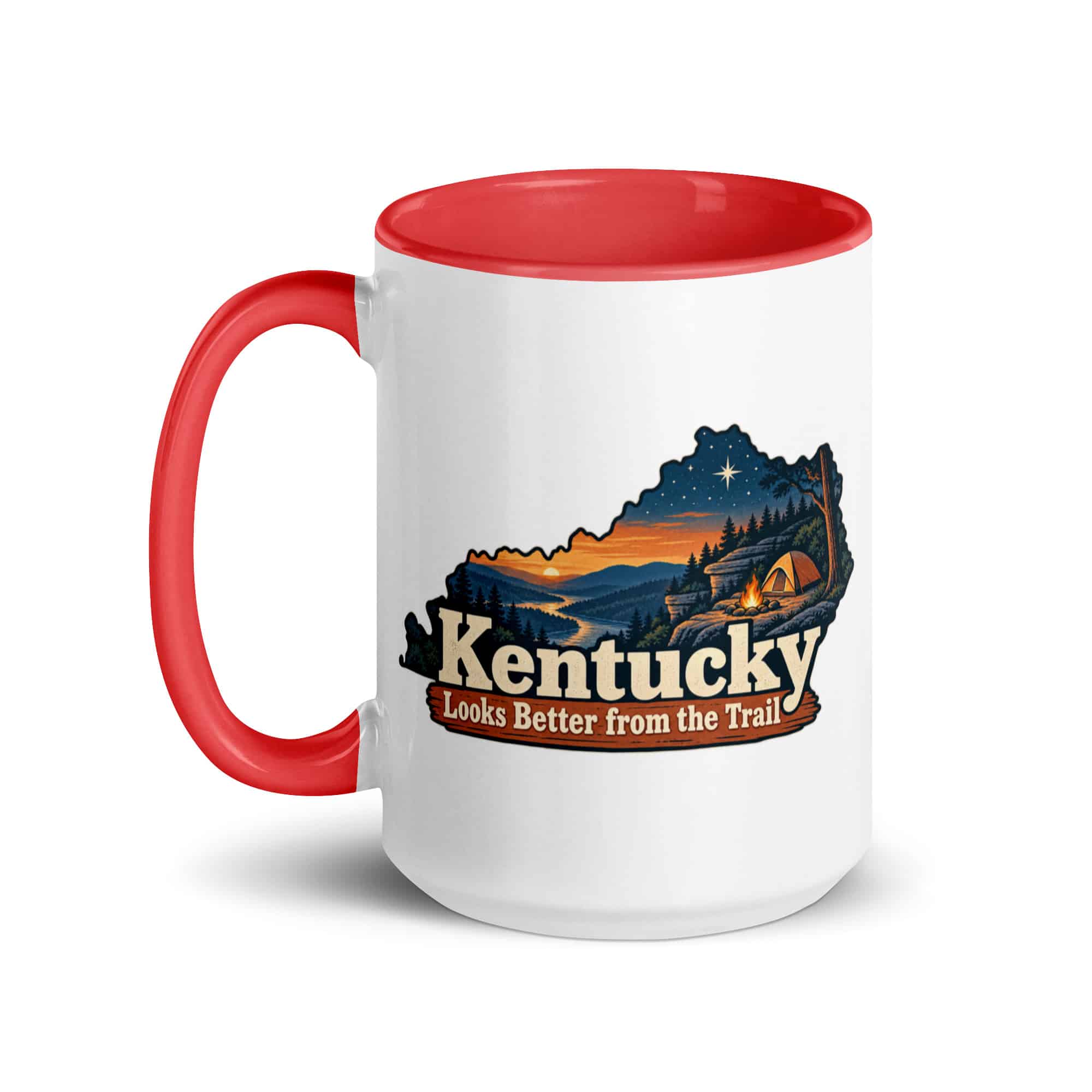 Kentucky Color Inside Coffee Mug: Campsite beneath a starry sky, Colorful Kentucky Silhouette