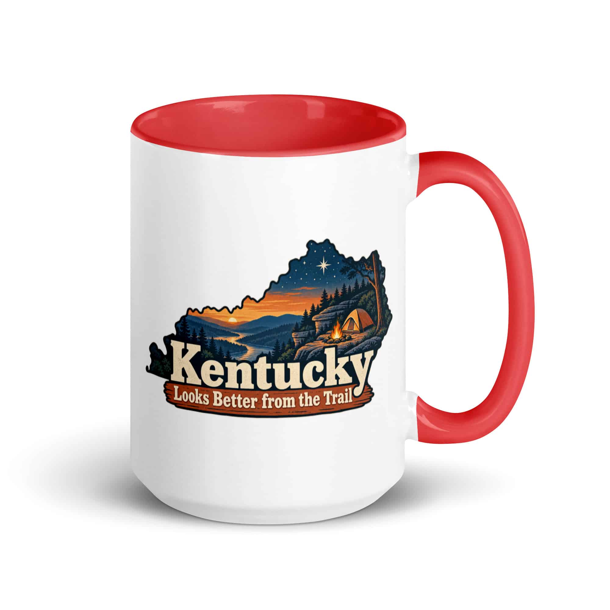 Kentucky Color Inside Coffee Mug: Campsite beneath a starry sky, Colorful Kentucky Silhouette