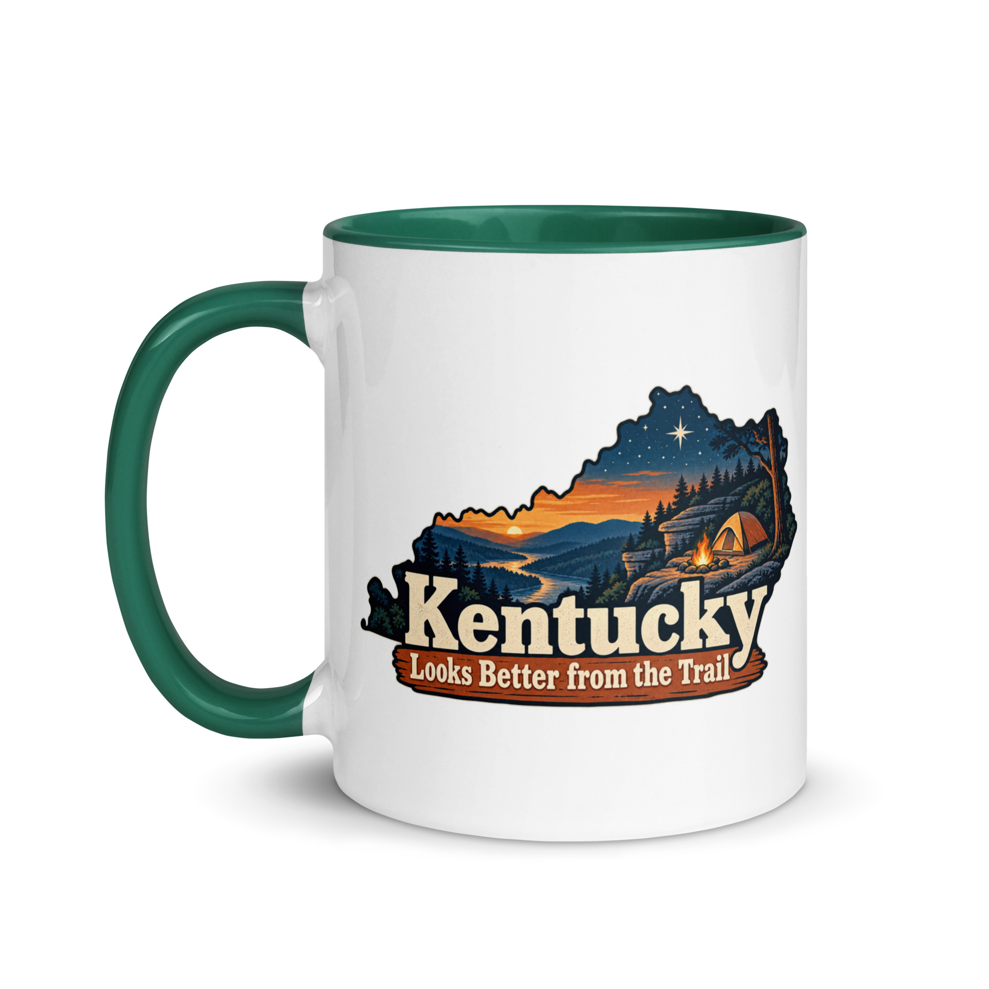 Kentucky Color Inside Coffee Mug: Campsite beneath a starry sky, Colorful Kentucky Silhouette