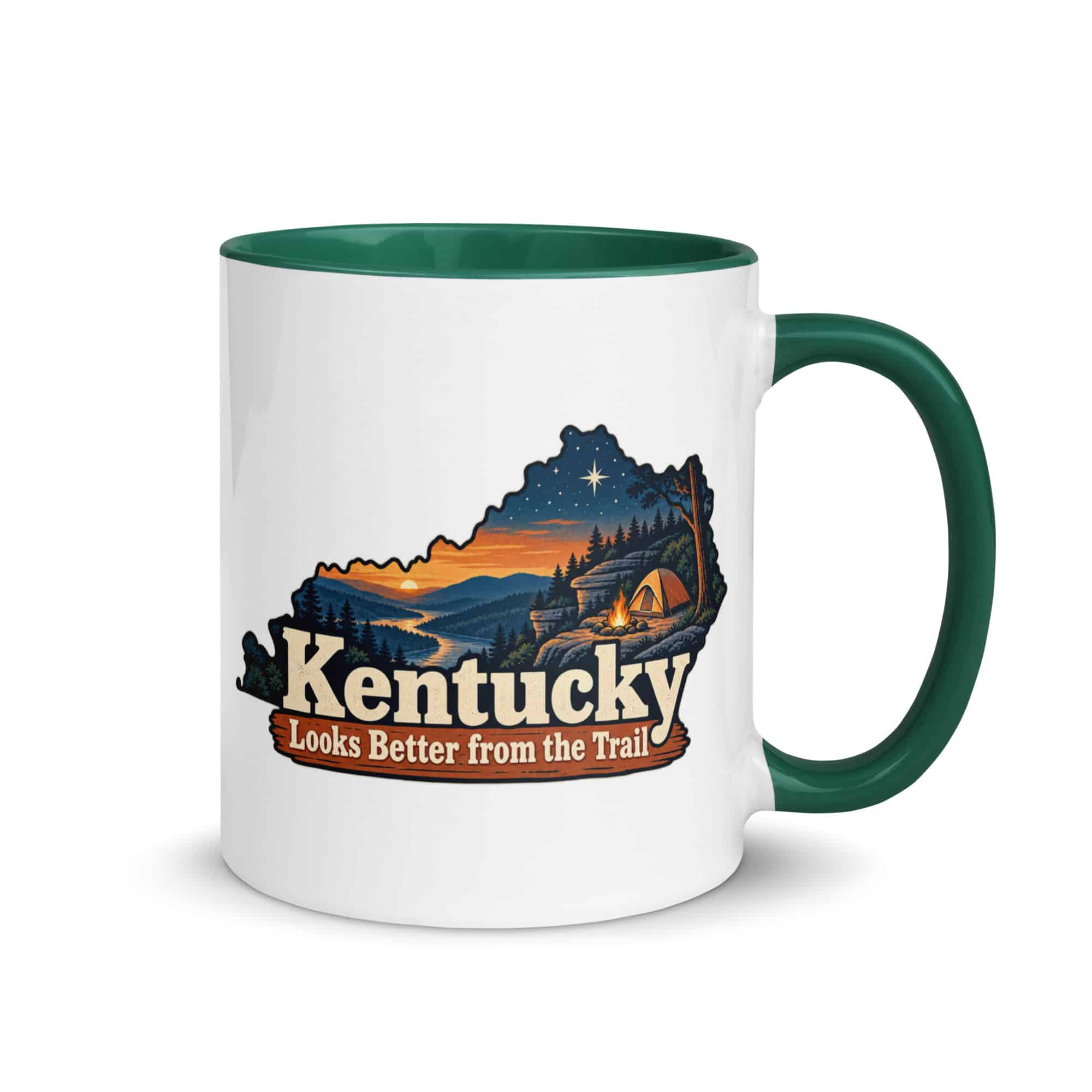 Kentucky Color Inside Coffee Mug: Campsite beneath a starry sky, Colorful Kentucky Silhouette