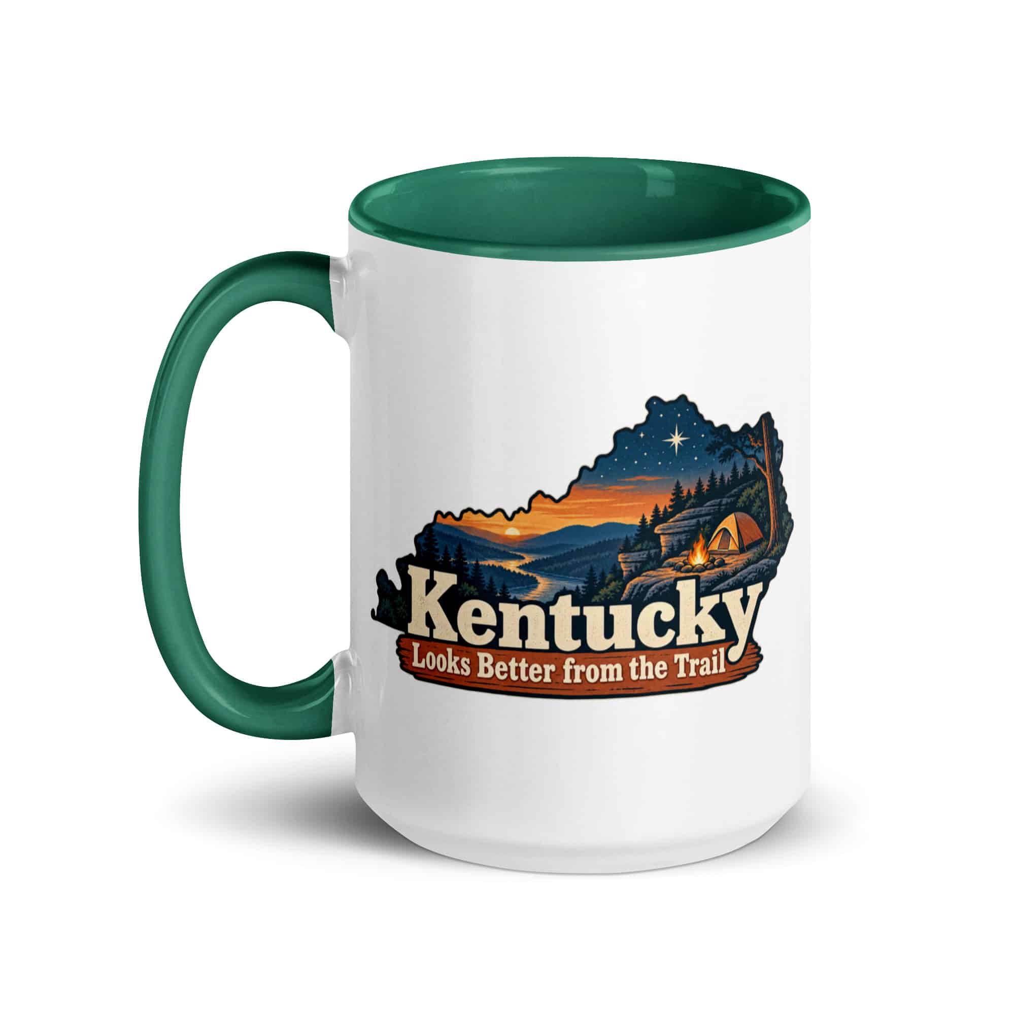 Kentucky Color Inside Coffee Mug: Campsite beneath a starry sky, Colorful Kentucky Silhouette