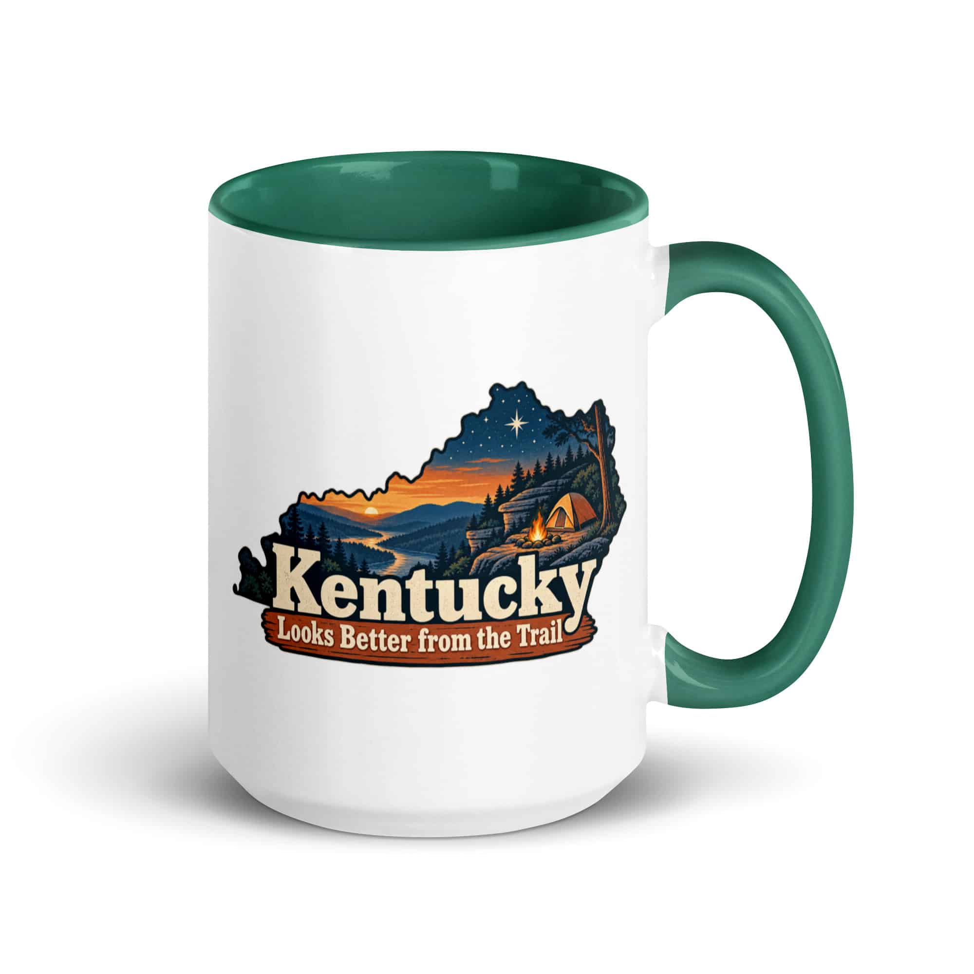 Kentucky Color Inside Coffee Mug: Campsite beneath a starry sky, Colorful Kentucky Silhouette
