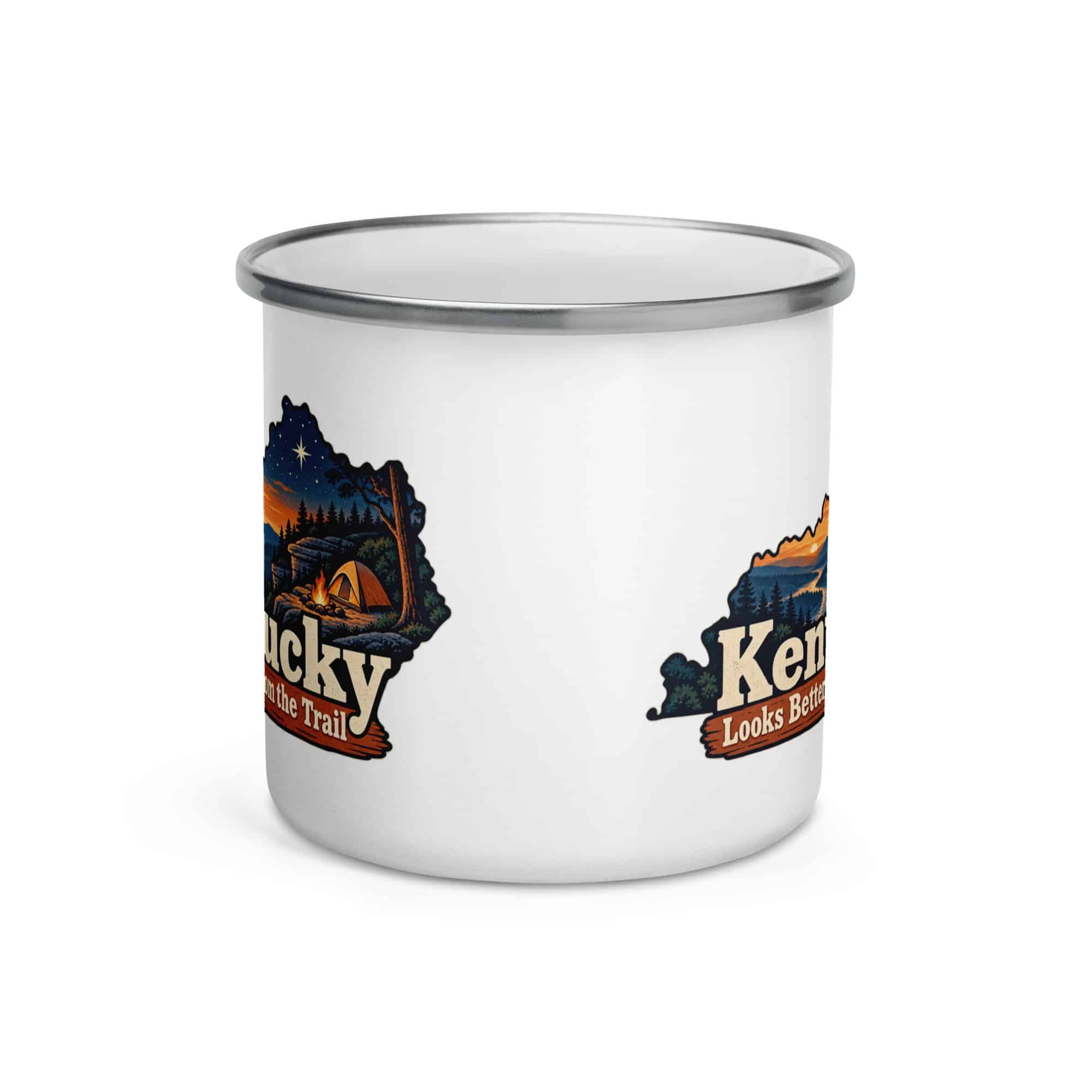 Kentucky Enamel Camp Mug: Campsite beneath a starry sky, Colorful Kentucky Silhouette