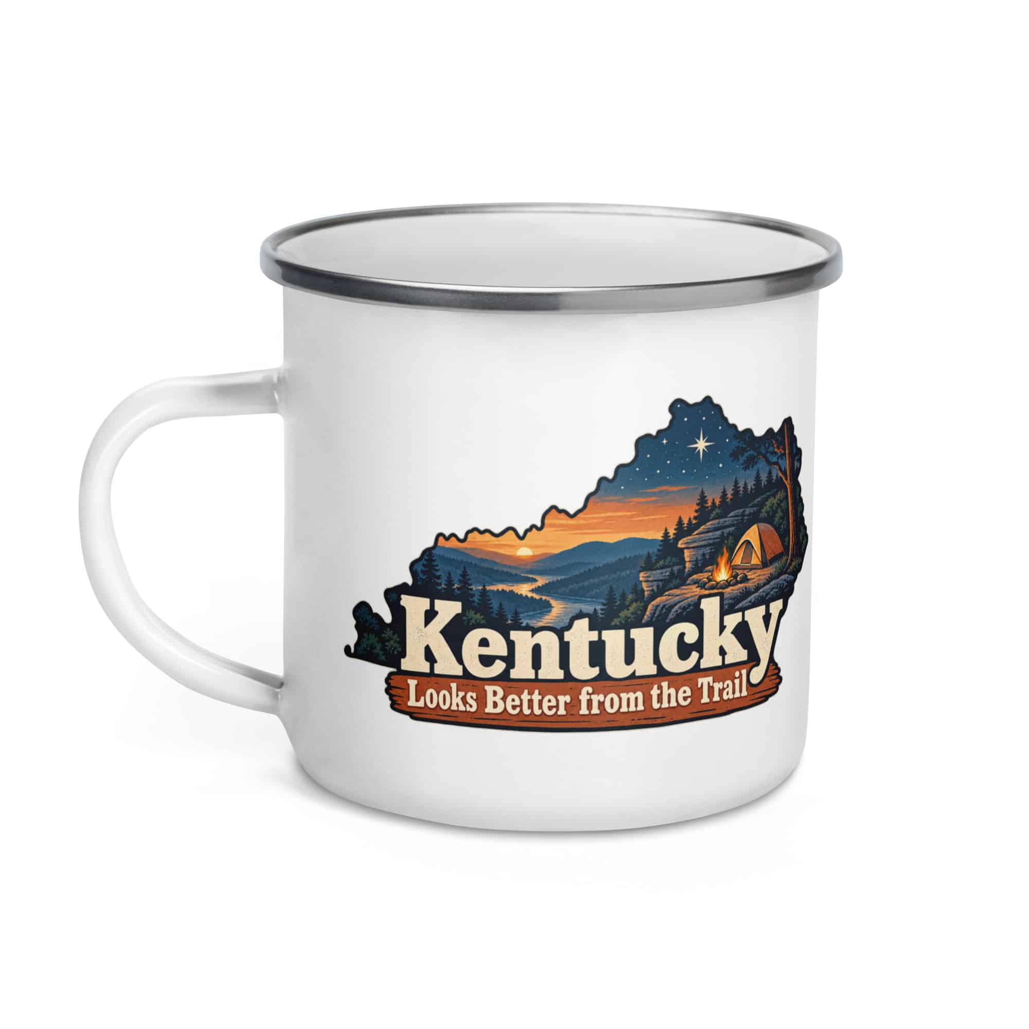 Kentucky Enamel Camp Mug: Campsite beneath a starry sky, Colorful Kentucky Silhouette