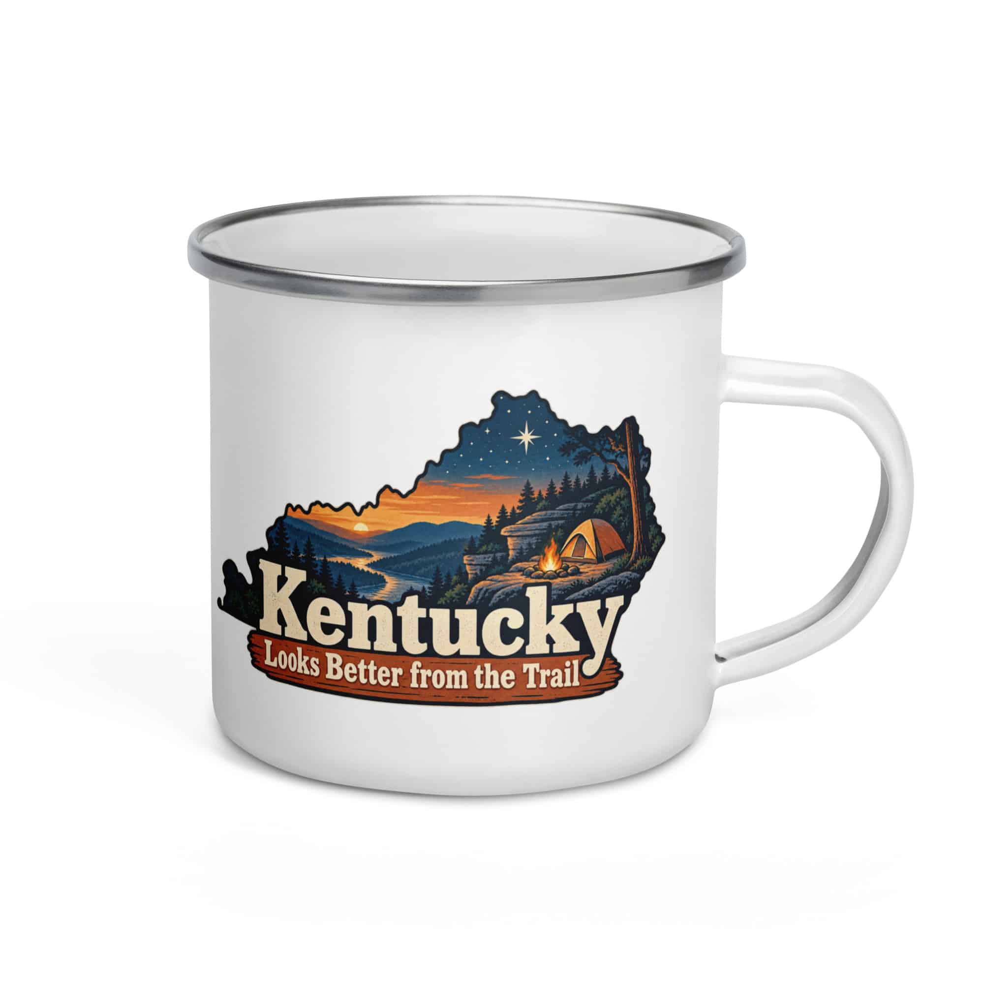 Kentucky Enamel Camp Mug: Campsite beneath a starry sky, Colorful Kentucky Silhouette