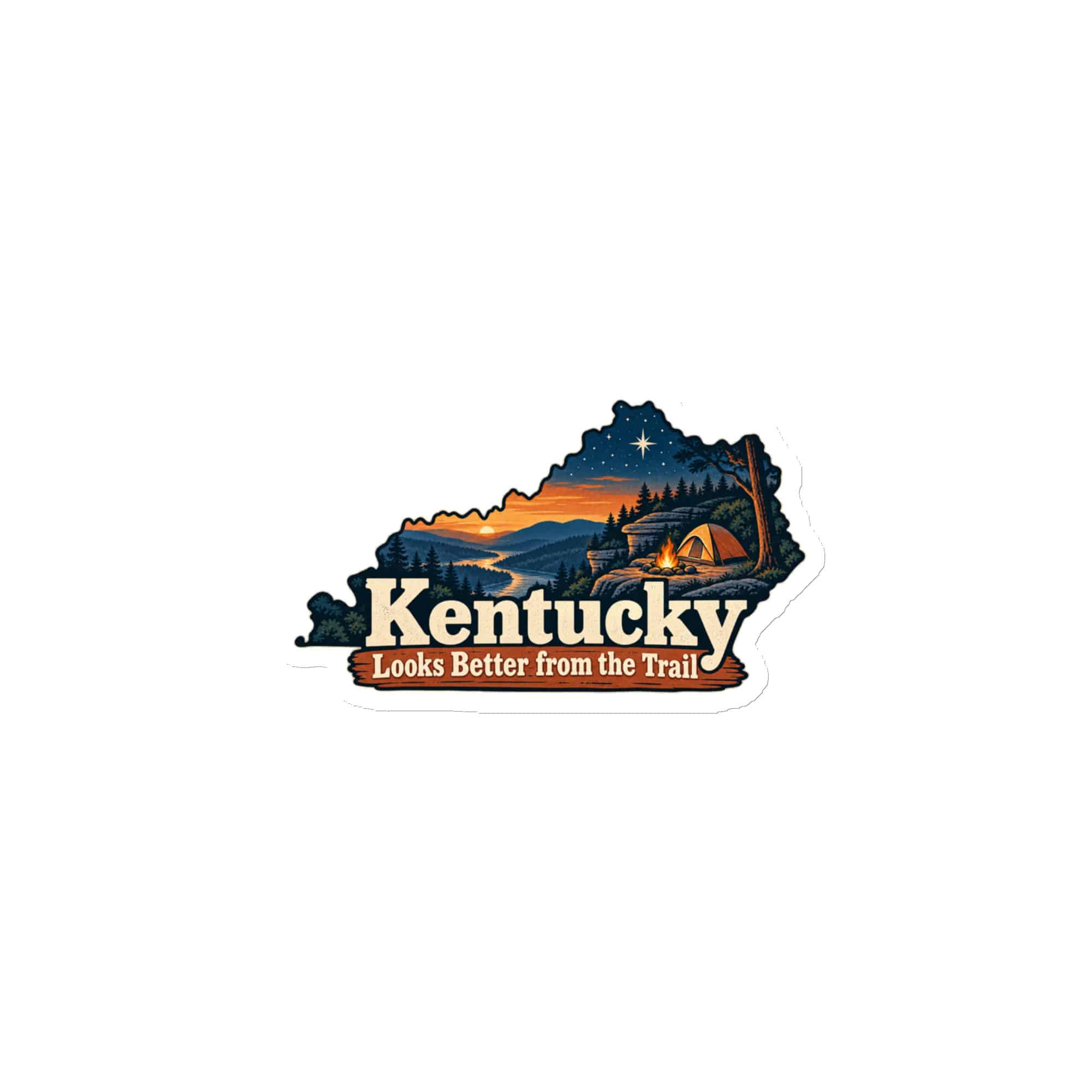 Kentucky Die-Cut Magnet: Campsite beneath a starry sky, Colorful Kentucky Silhouette