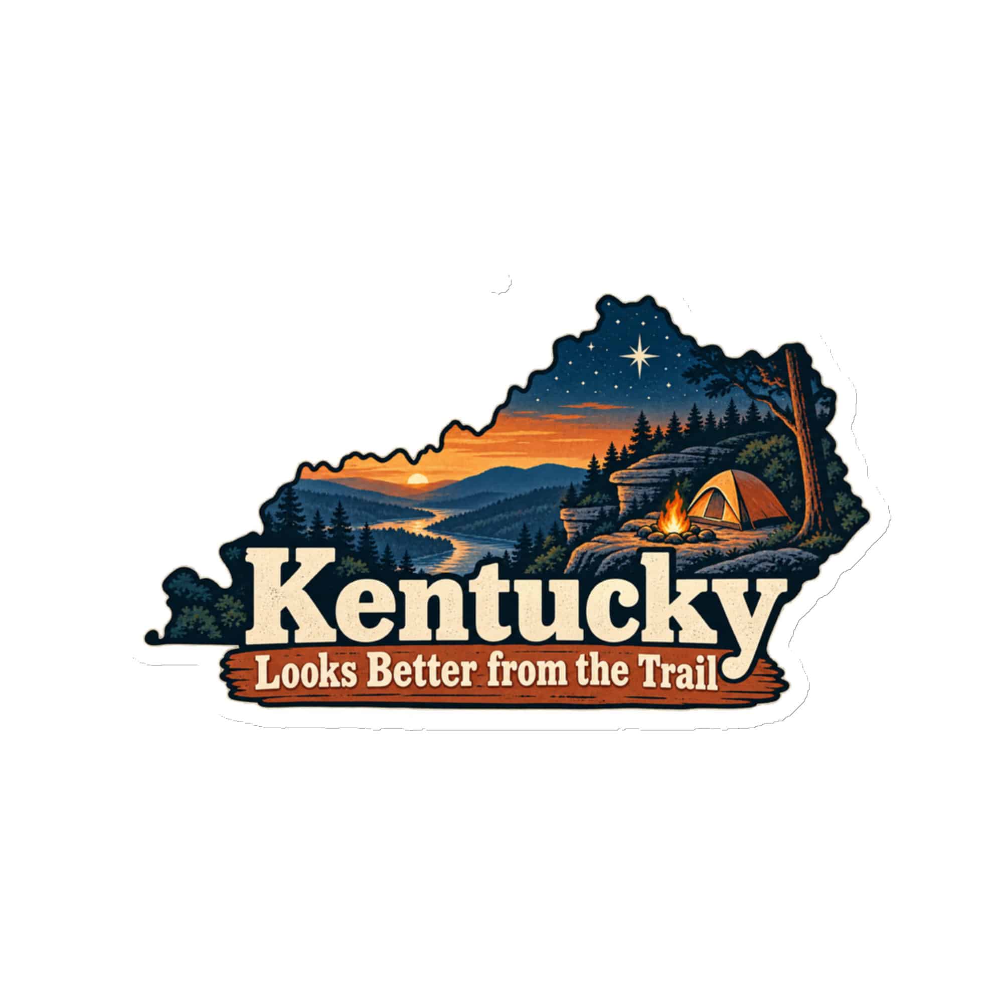 Kentucky Die-Cut Magnet: Campsite beneath a starry sky, Colorful Kentucky Silhouette