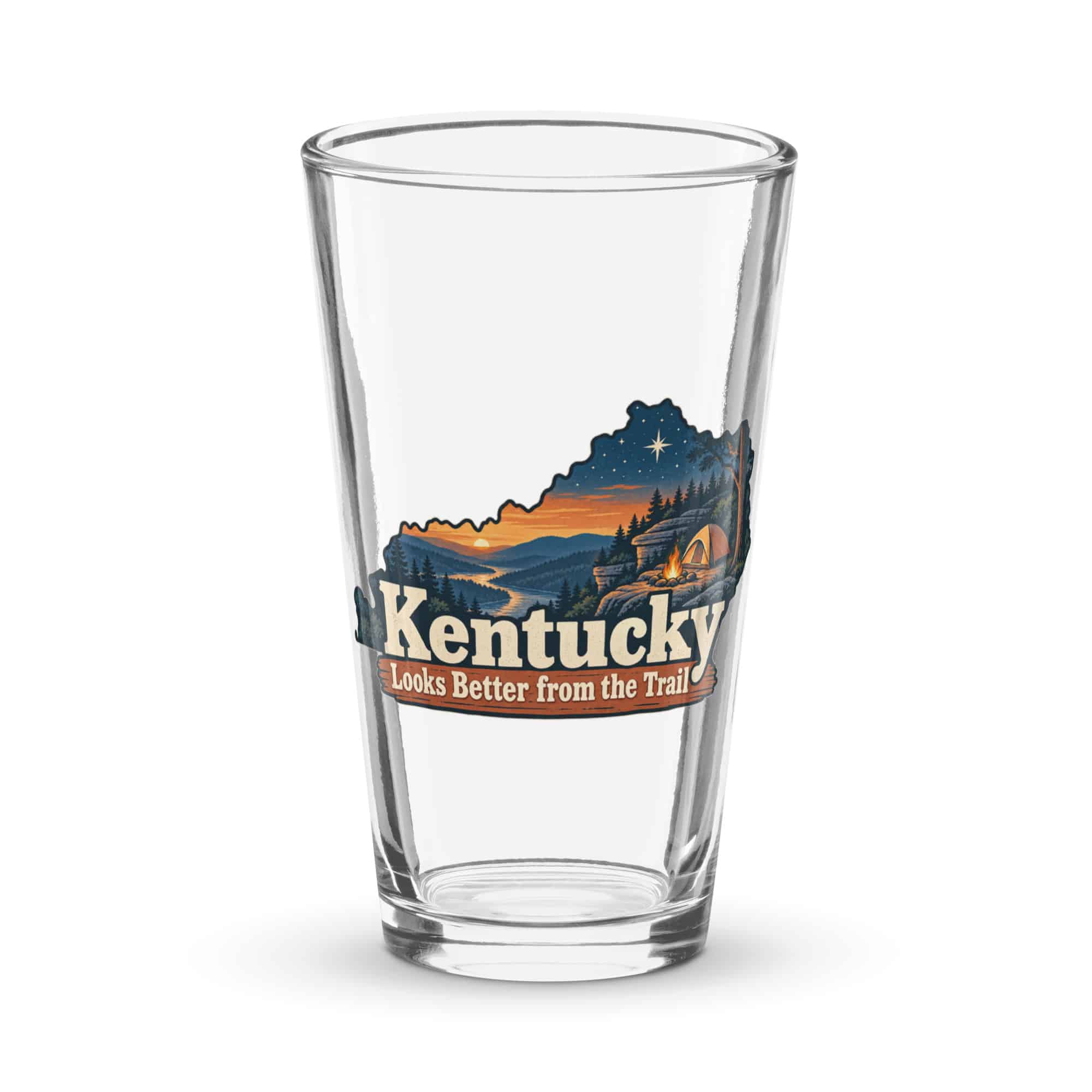 Kentucky Pint Glass: Campsite beneath a starry sky, Colorful Kentucky Silhouette