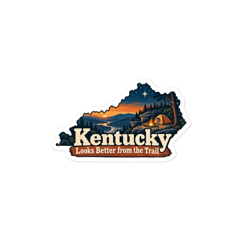 Kentucky Vinyl Sticker: Campsite beneath a starry sky, Colorful Kentucky Silhouette